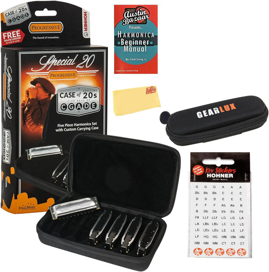 Hohner Special 20 Harmonica - Keys of G, A, C, D, E Bundle with Case, Zip Pouch, Key Stickers, Manual and Austin Bazaar Polishing Cloth