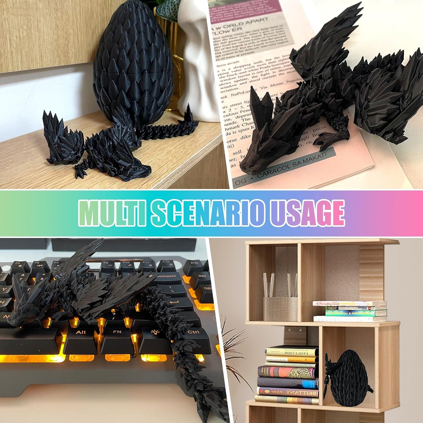 12inch Fly Dragon Egg, Year of The Dragon, 3D Printed Dragon, Executive Desk Toys, Articulated Dragon, Fidget Toys Gifts for Graduates Students Teachers Adults (Black)
