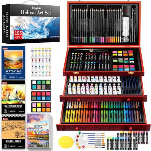 Art Supplies, iBayam 195 Pack Art Set Drawing Kit for Kids Teens Girls Boys Adult, Arts and Crafts Painting Kit, Art Kits Paint Set with Acrylic Pad, Sketchbooks, Watercolor Pad, Canvases, Gift Box