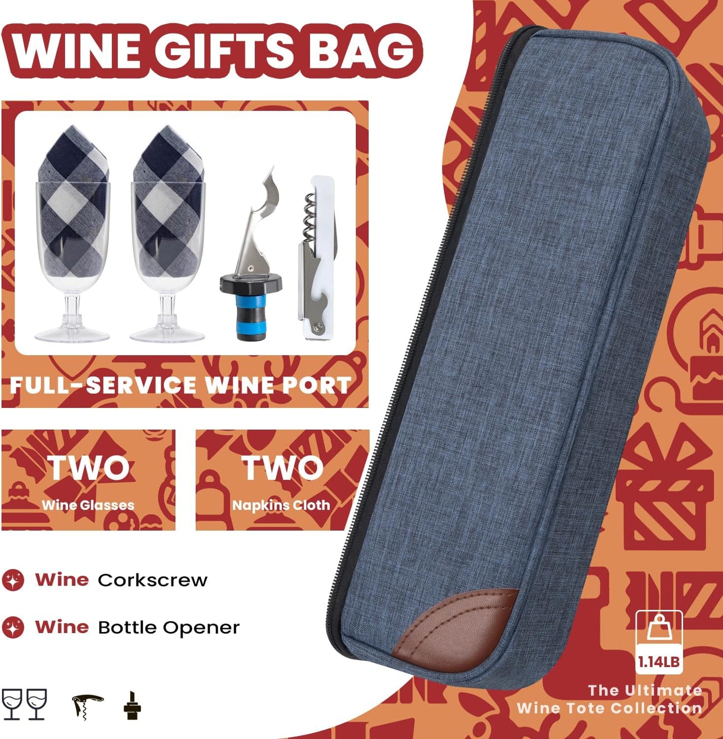 ALLCAMP Wine Bag - Insulated Cooler Bag with Wine Glasses, Bottle Opener & Wine Accessories for Wine Lovers - Portable Wine Gift Bag for Travel, Picnics, and Gift Ideas(Blue)
