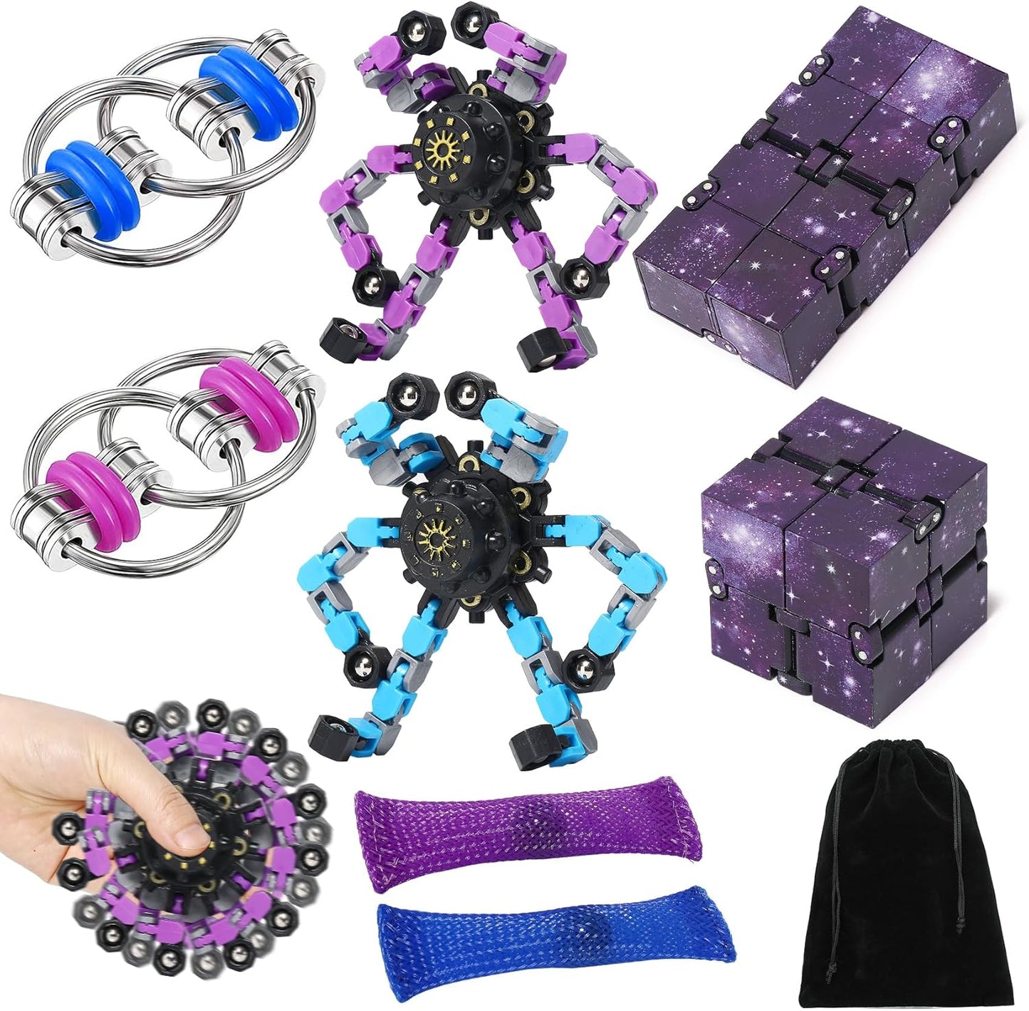 8Pcs Fidget Cube Toys Pack - Flippy Chain Fidget Spinner Galaxy Fidget Cube Slient Sensory Fidget Toys Set for Office Desk Adult Fidgets for Anxiety and Stress Cool Toys Christmas Toys