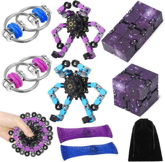 8Pcs Fidget Cube Toys Pack - Flippy Chain Fidget Spinner Galaxy Fidget Cube Slient Sensory Fidget Toys Set for Office Desk Adult Fidgets for Anxiety and Stress Cool Toys Christmas Toys