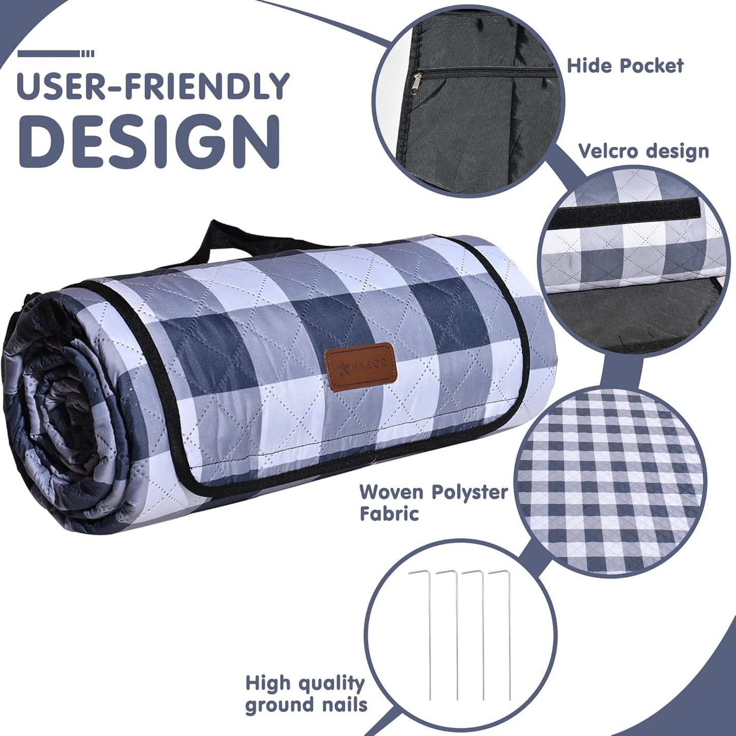 HX&OD Outdoor Picnic Blanket, Extra Large, 80''x60'' Waterproof Foldable Blankets Gingham Picnic Mat for Beach, Camping Grass Lawn Park Accessories Cute Couple Ideas Wedding (Gray, 80”x60”)