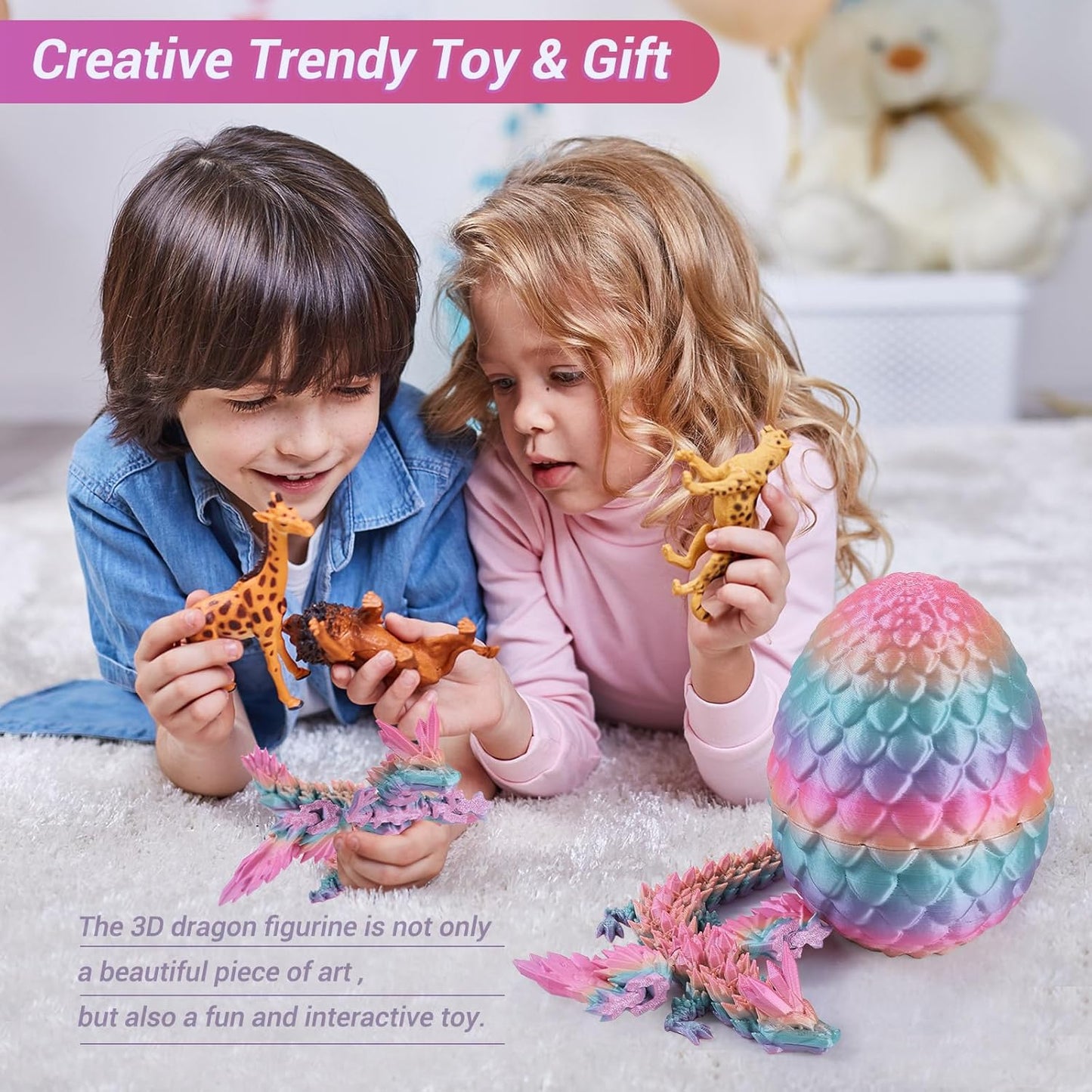 Antetek 3D Printed Dragon with Wings，3D Printed Dragon Egg，3D Printed Dragon in Egg， Movable Articulated Crystal Dragon Eggs with Dragon Inside with Wings