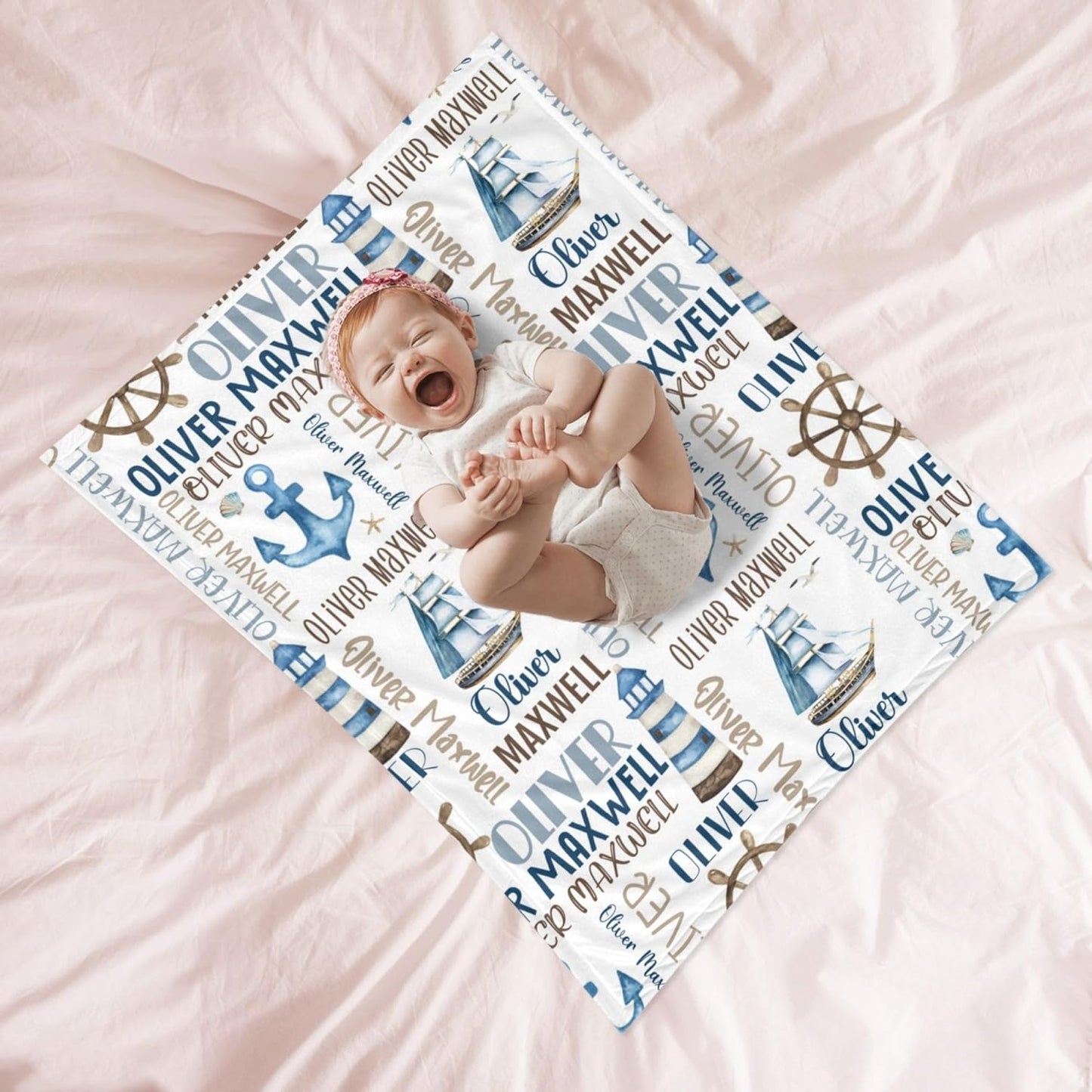 Personalized Baby Blanket for Boys, Custom Baby Blanket with Name, Nautical Blanket Sailboat Anchor Baby Blanket, Nautical Swaddle Blanket for Toddlers Kids Newborn