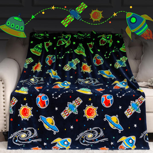 Boulou Glow in The Dark Galaxy Space Blanket Gifts for Boys Girls, Star Planet and Solar System Decor for Adult Kids, Birthday Spaceship Toys Gift for Age 3 4 5 6 7 8 9 10 Year Old for Christmas