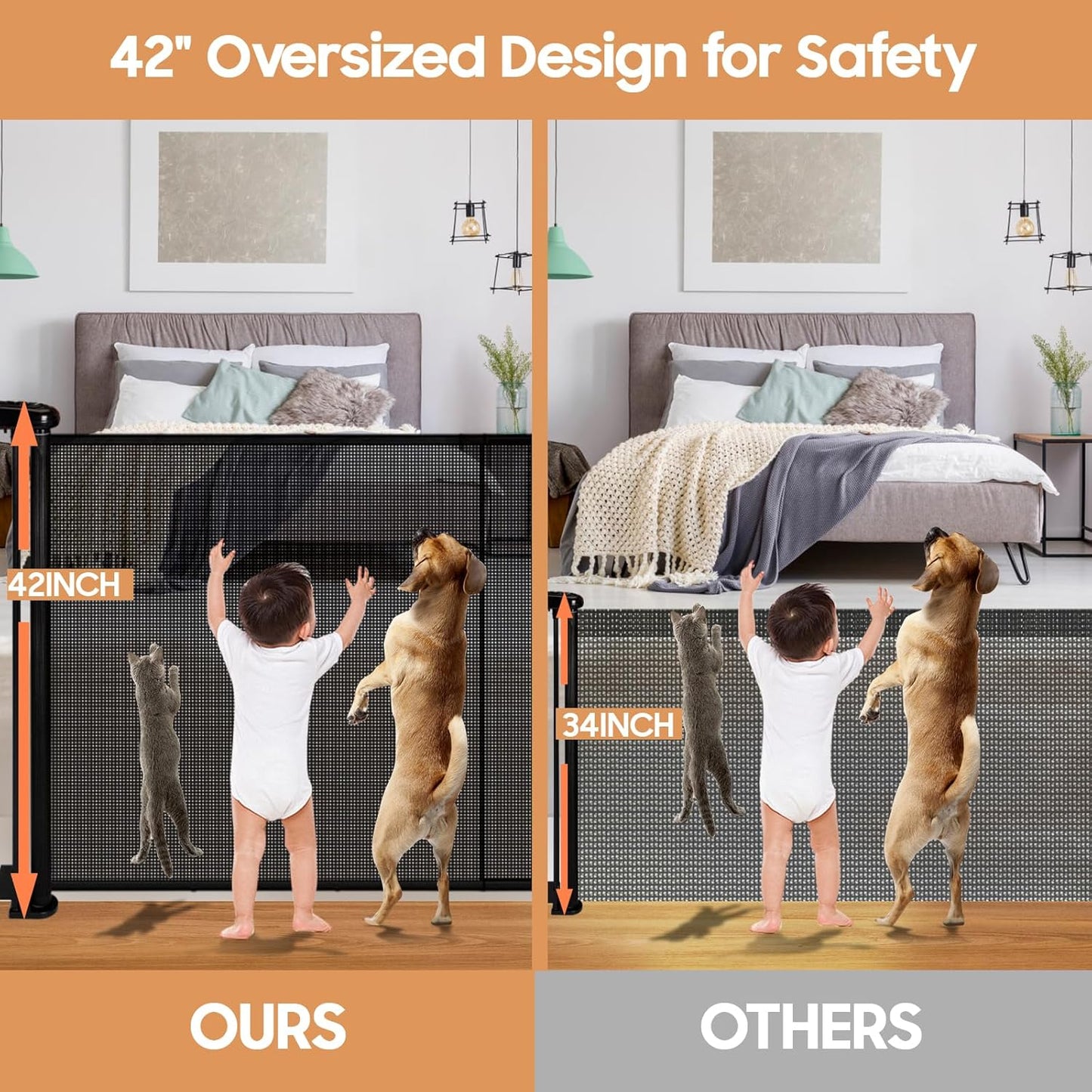 180" Extra Wide Retractable Baby Gates for Large Openings, 42" Extra Tall with Support Rods, Prevent Crawling, Mesh Dog/Pet Gate for Stairs/Doorways, Indoor/Outdoor Use