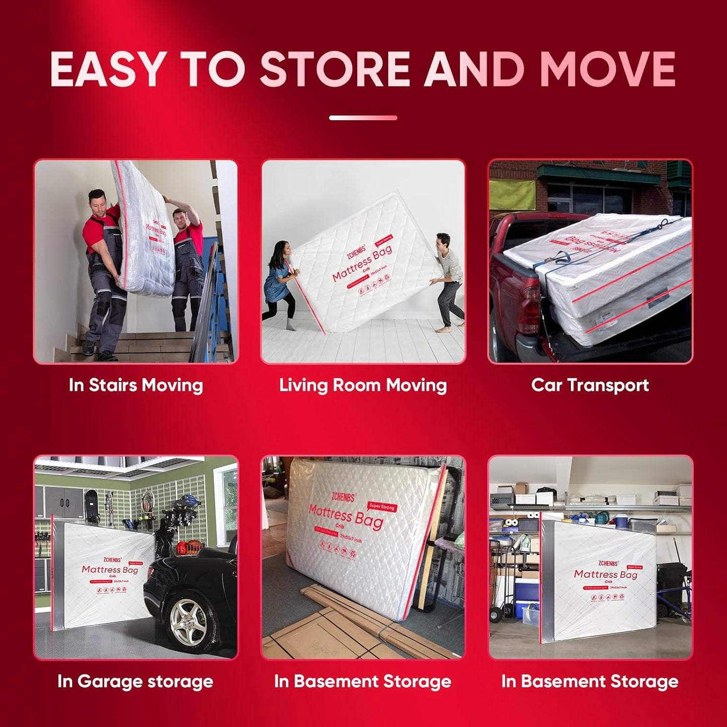 ZCHENBS® – Mattress Bags for Moving and Storage,Mattress Bag with Zippers,5 Mil Ultra-Thick Bed Bag,Waterproof,Anti-Tear,Heavy-Duty Mattress bag (Transaparent/Red, Crib-(1 Pack))