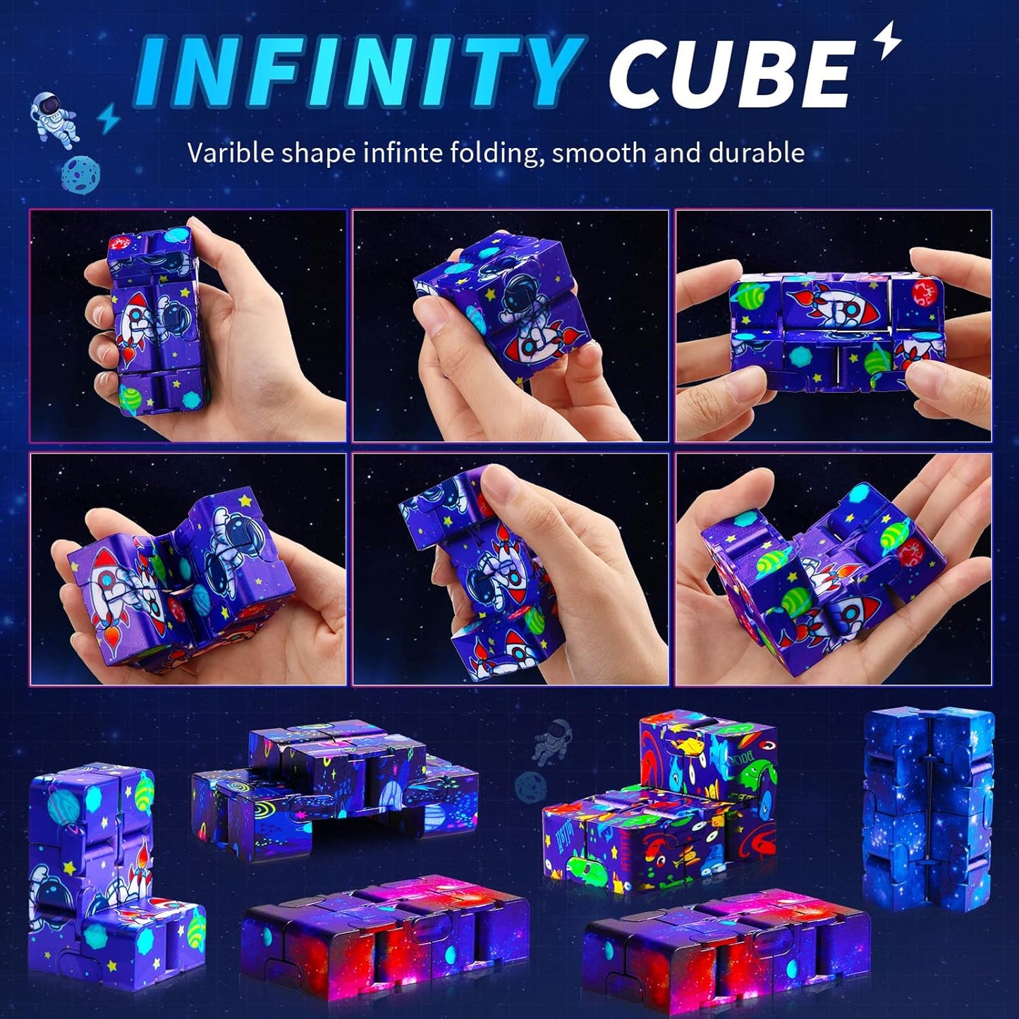 20 Pcs Galaxy Infinity Cube Toy Bulk with Drawstring Bag Mini Blocks Cube Gadget Sensory Toy Stress Anxiety Relief Magic Puzzle Flip Hand Held Fidget Blocks Party Stuffers for Kids Adults ADHD