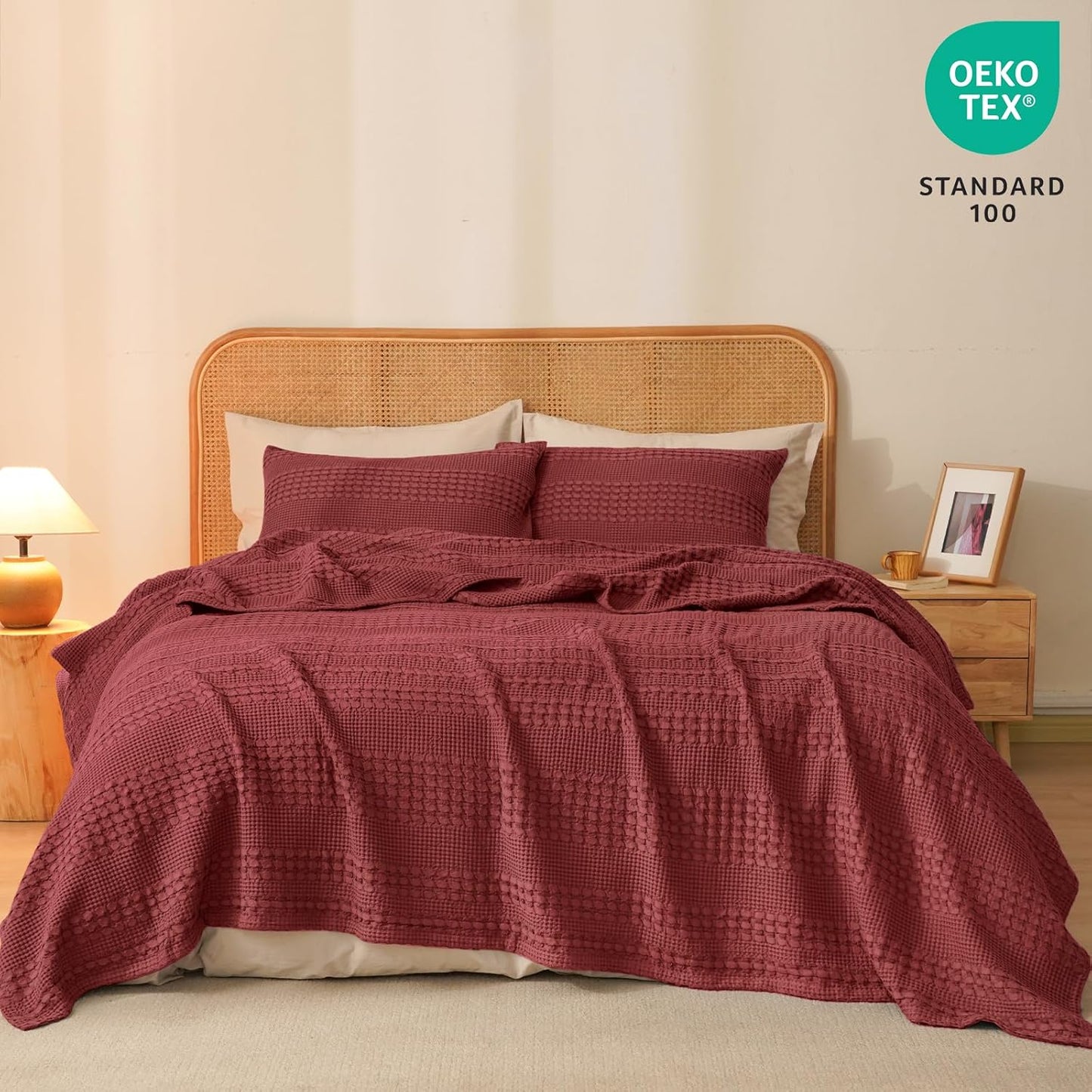 PHF 100% Cotton Waffle Weave Blanket King Size, Soft Lightweight Breathable Cozy Summer Blankets for Bed, Luxury Aesthetic Woven Bedding for Home Decor, 108"x90", Wine Red