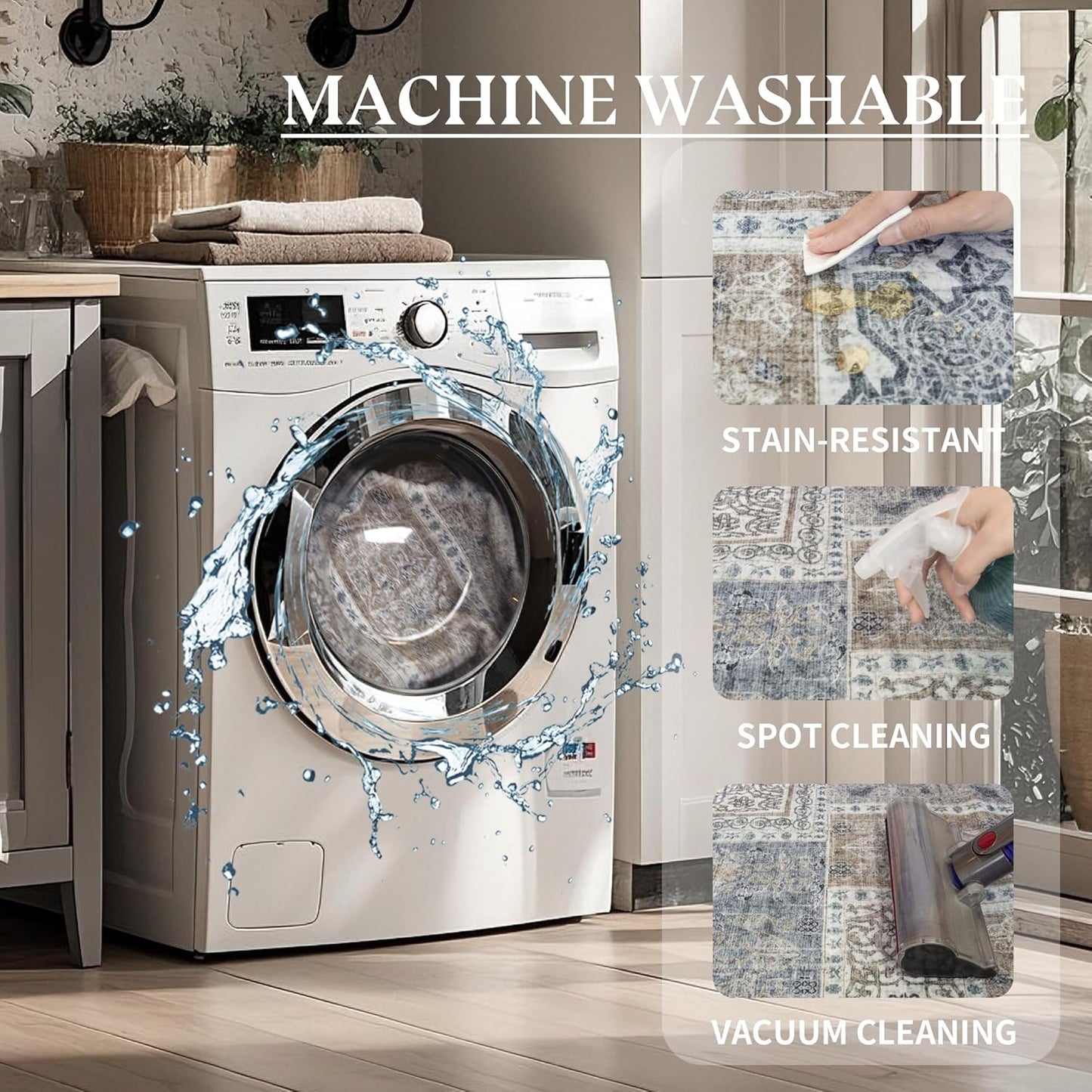 5x8 Area Rug Washable: Oriental Soft Area Rug for Living Room Bedroom No Shedding - Low Pile Thin Carpet Rug for Dining Room Non Slip - Boho Vintage Rug for Home Decor - Blue Grey