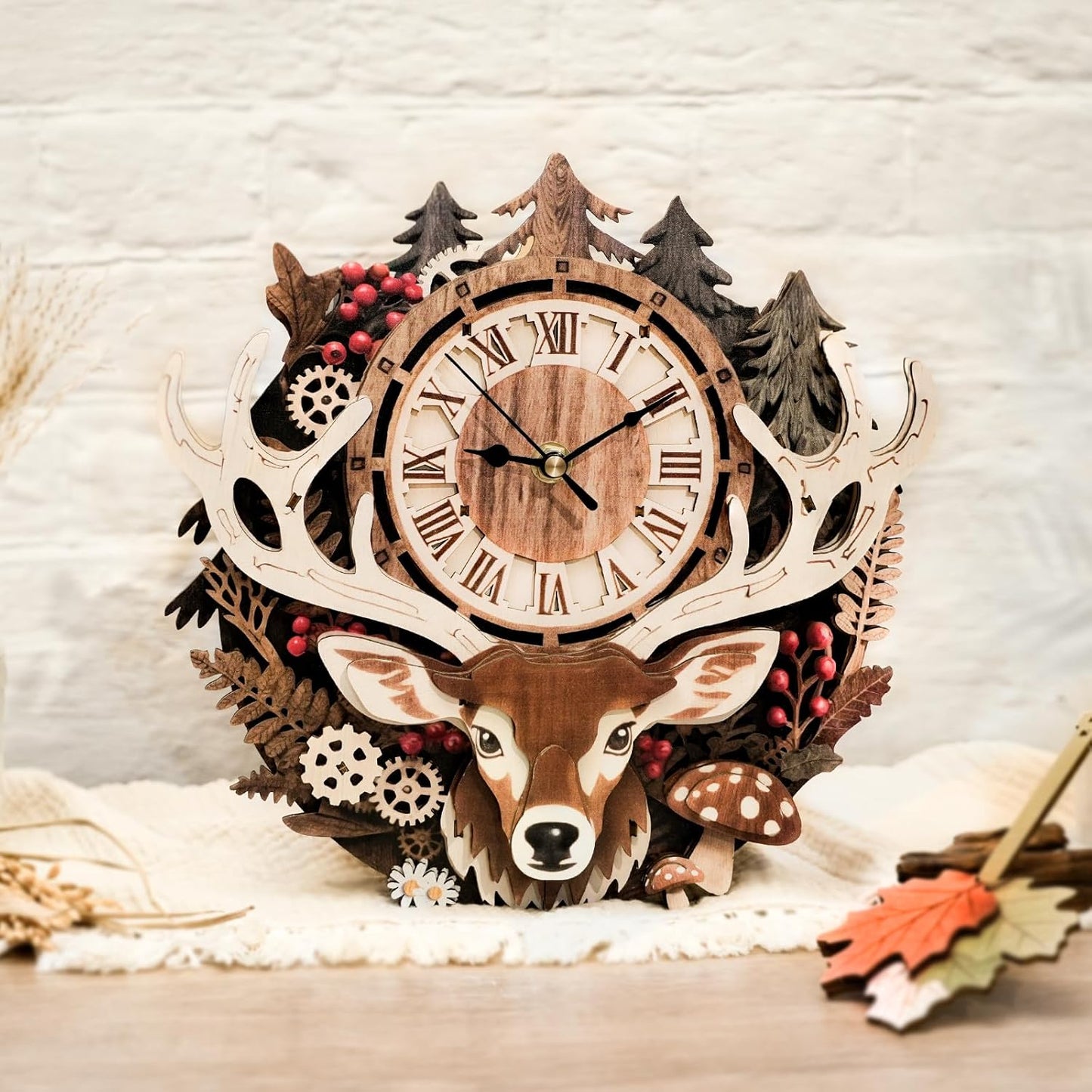 3D Puzzles for Adults Clock-Reindeer Design Model Kit-Mechanical DIY Pendulum Clock with Roman Numerals-Desk Home Office Decor Personalized Gift for DIY Lovers