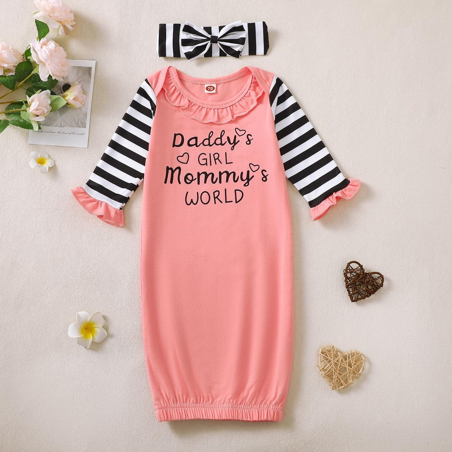 AMAWMW Newborn Baby Girl Little Sister Sleeper Gown Stripe Long Sleeve Nightgown Pajamas Gifts Stuff Essential Outfit