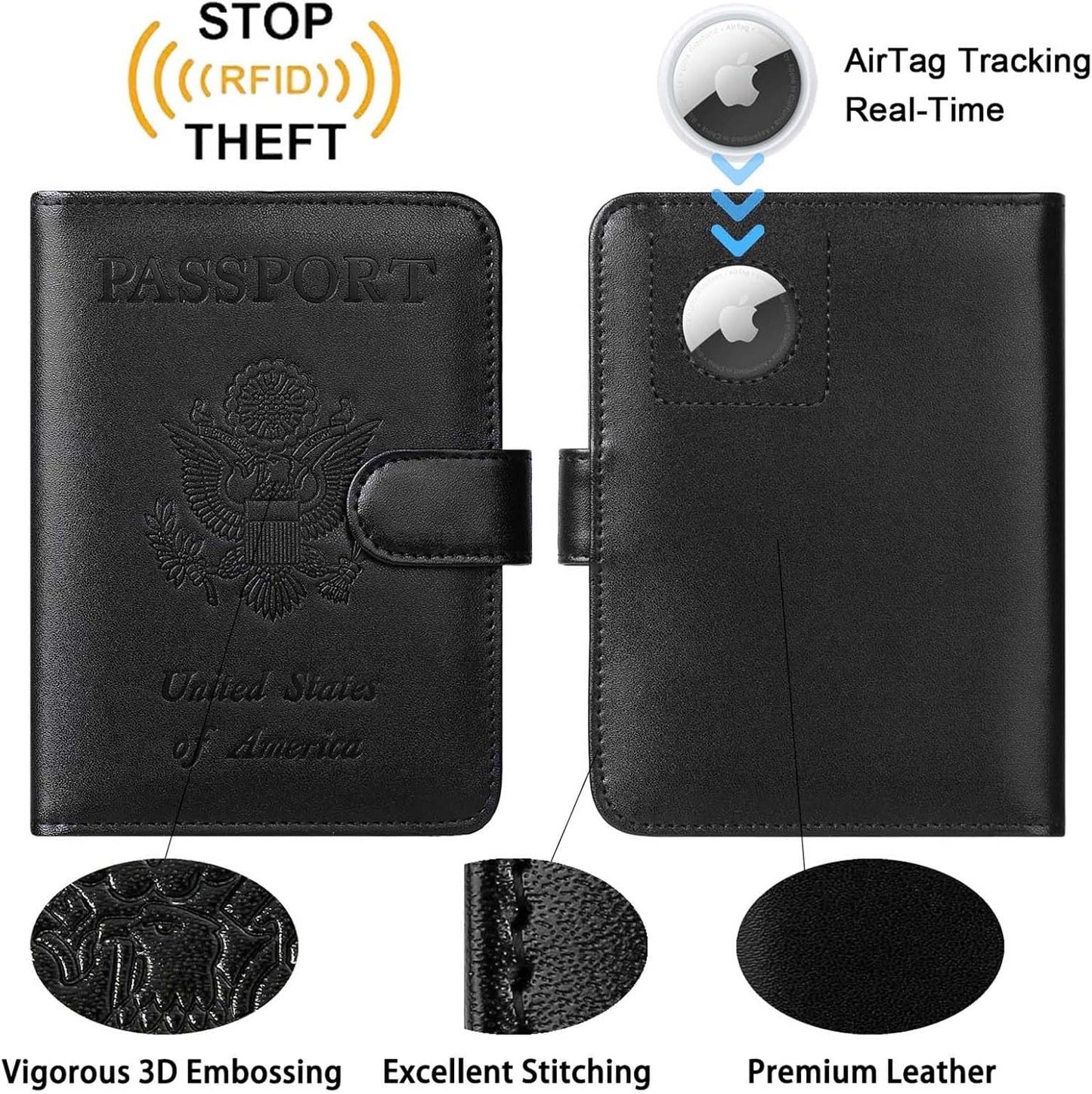 Airtag Passport Holder Cover Wallet RFID Blocking Leather Case Travel Essentials Luggage Accessories Travel Must Have(118#Black)