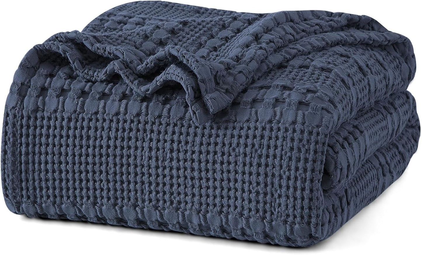 PHF 100% Cotton Waffle Weave Blanket Twin Size, Soft Lightweight Breathable Cozy Summer Blankets for Bed, Luxury Aesthetic Woven Bedding for Home Decor, 66"x90", Dark Navy