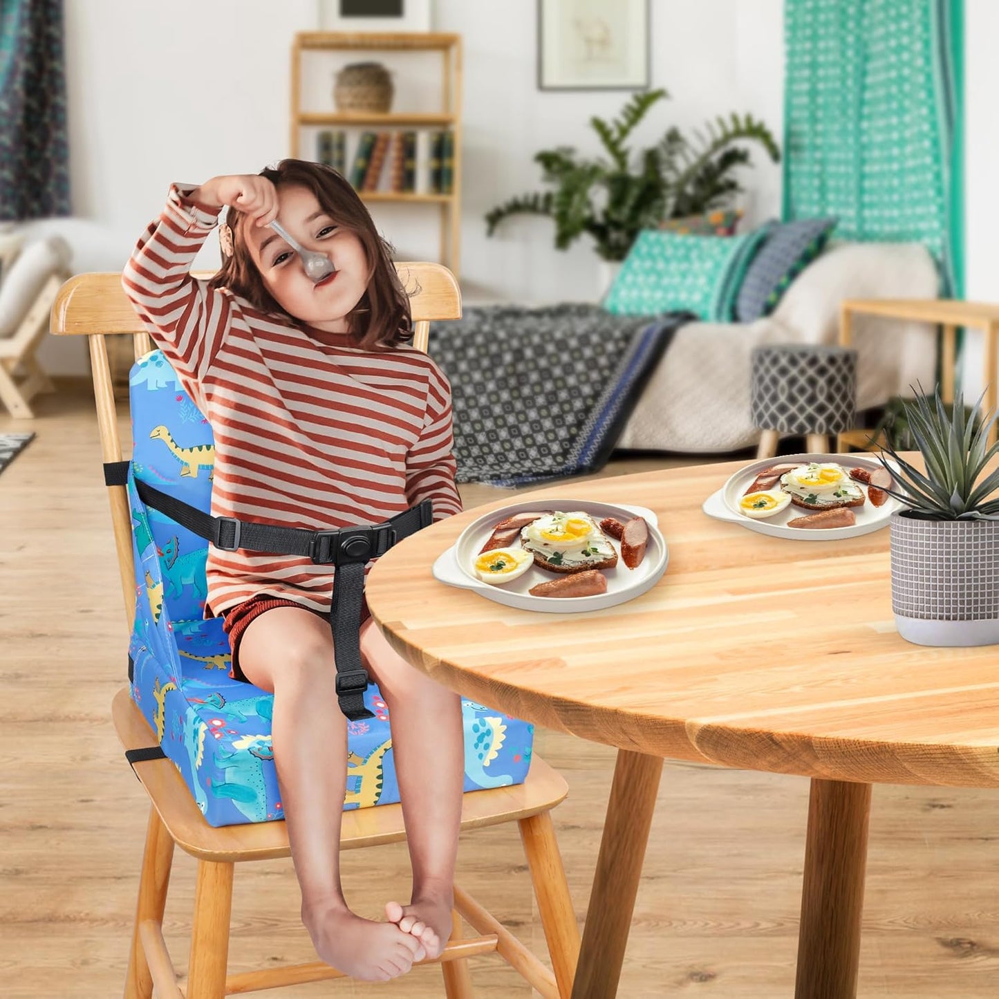 Toddler Booster Seat for Dining Table, 12.6x3.34 Inch Portable High Chair for Travel, Compact Lightweight With Adjustable Straps for Baby (Dinosaur)