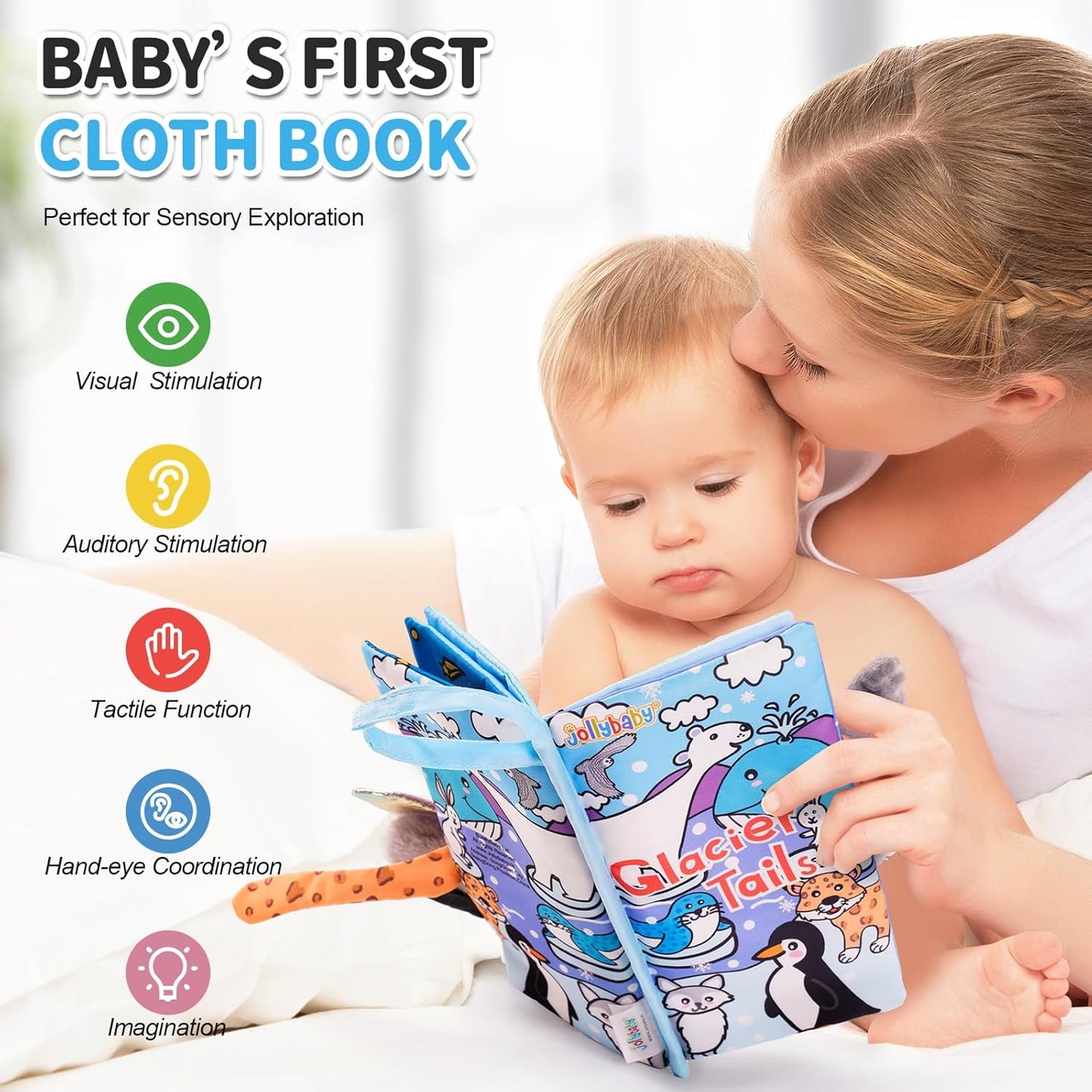 Jollybaby Baby Cloth Books, Touch & Feel Crinkle Soft Books, for Infants Babies, Toddler Early Educational Interactive Stroller Toys, Baby Girl & Boy Gift(Glacier Tails)