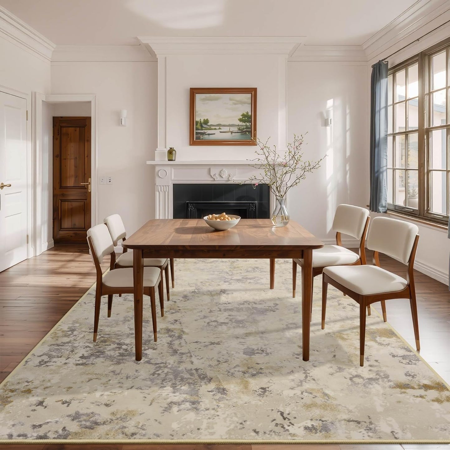 8x10 Beige Area Washable Rugs for Living Room, Abstract Modern Non Slip Bedroom Rugs, Neutral Large Low Pile Carpet Stain Resistant for Dining Room, Kids Playroom, Office