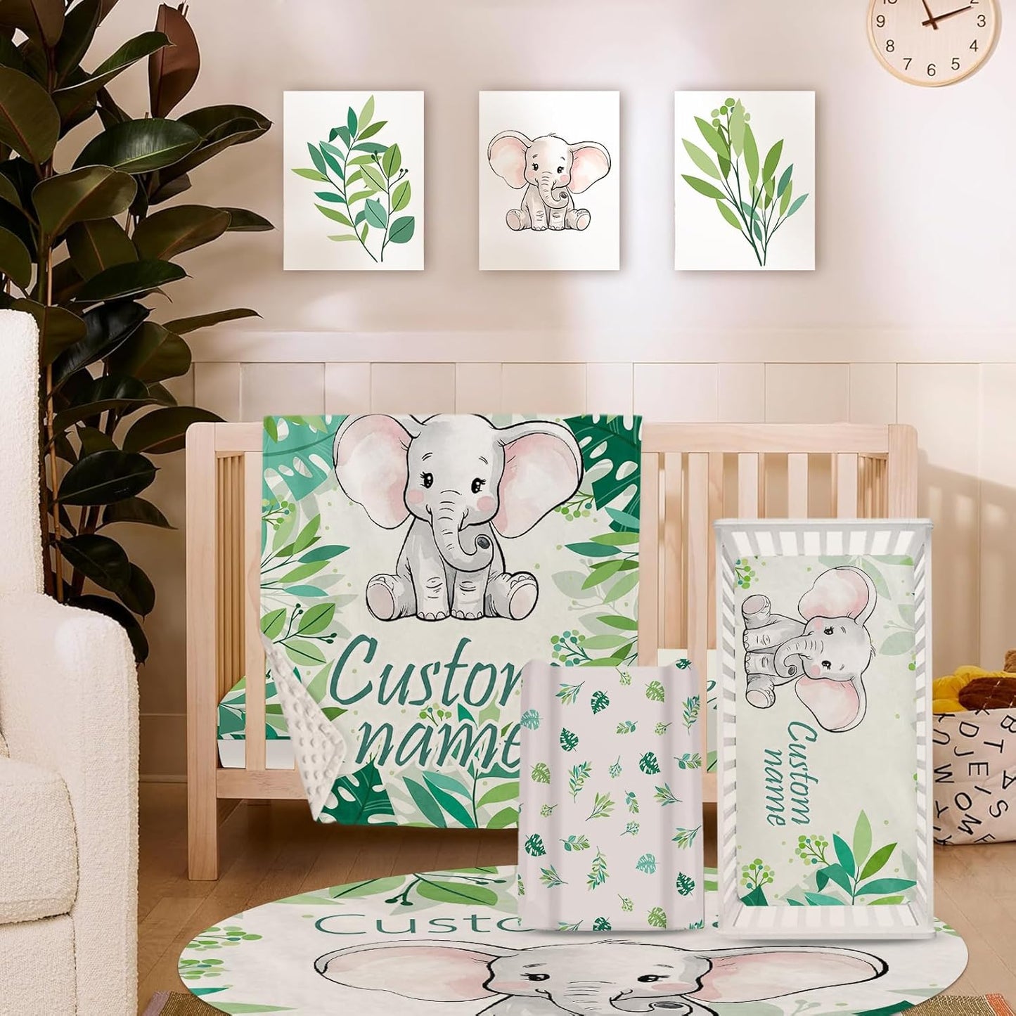 Personalized Baby Crib Bedding Set, Green Elephant Design Custom Name Baby Crib Sets 5-Pcs, Toddler Double Layer Blanket Fitted Sheets Changing Pad Cover Rug Wall Art Set, Charming Nursery Decor