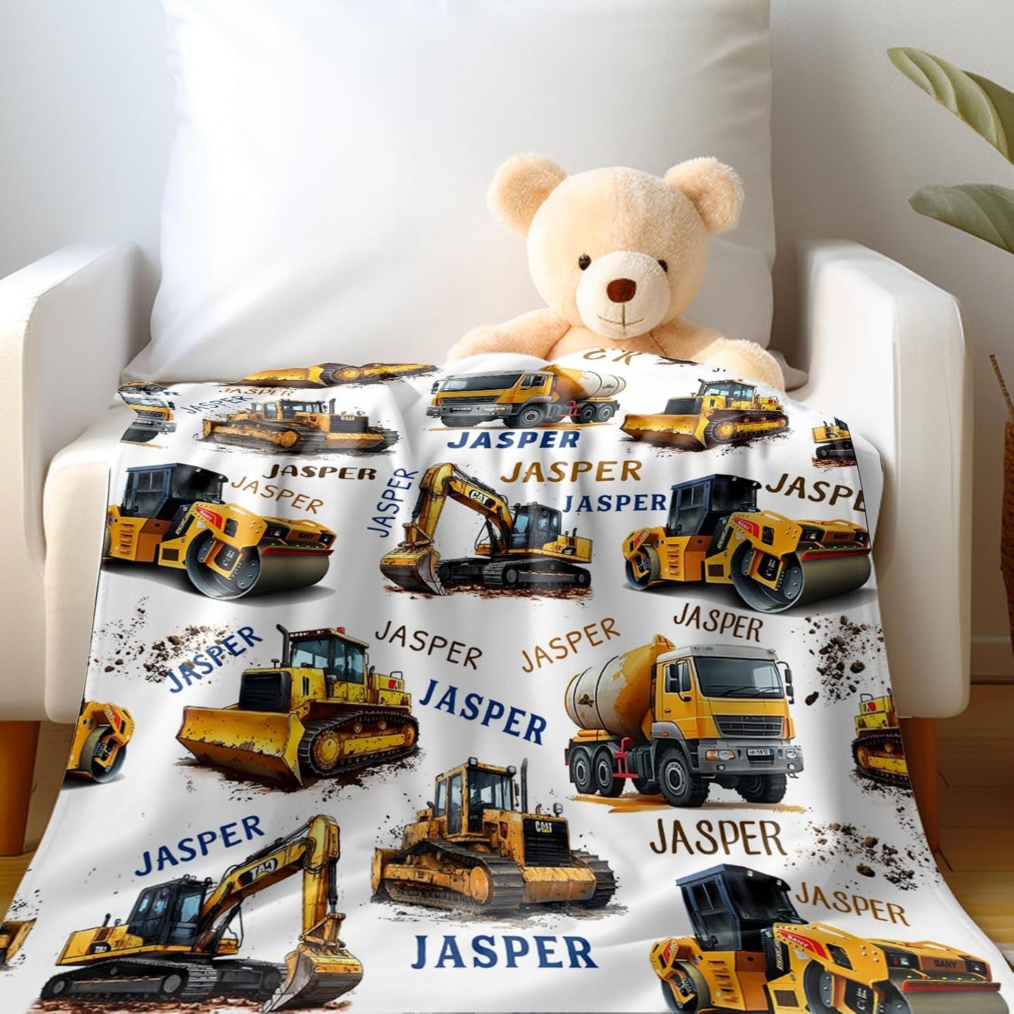 Ship Next Day, Personalized Truck Blanket - Printed in USA, Custom Name Blankets for Kids with Engineering Vehicle, Home Bedding Bed Decor, Fun Birthday Gift for Boys&Girls Women Man