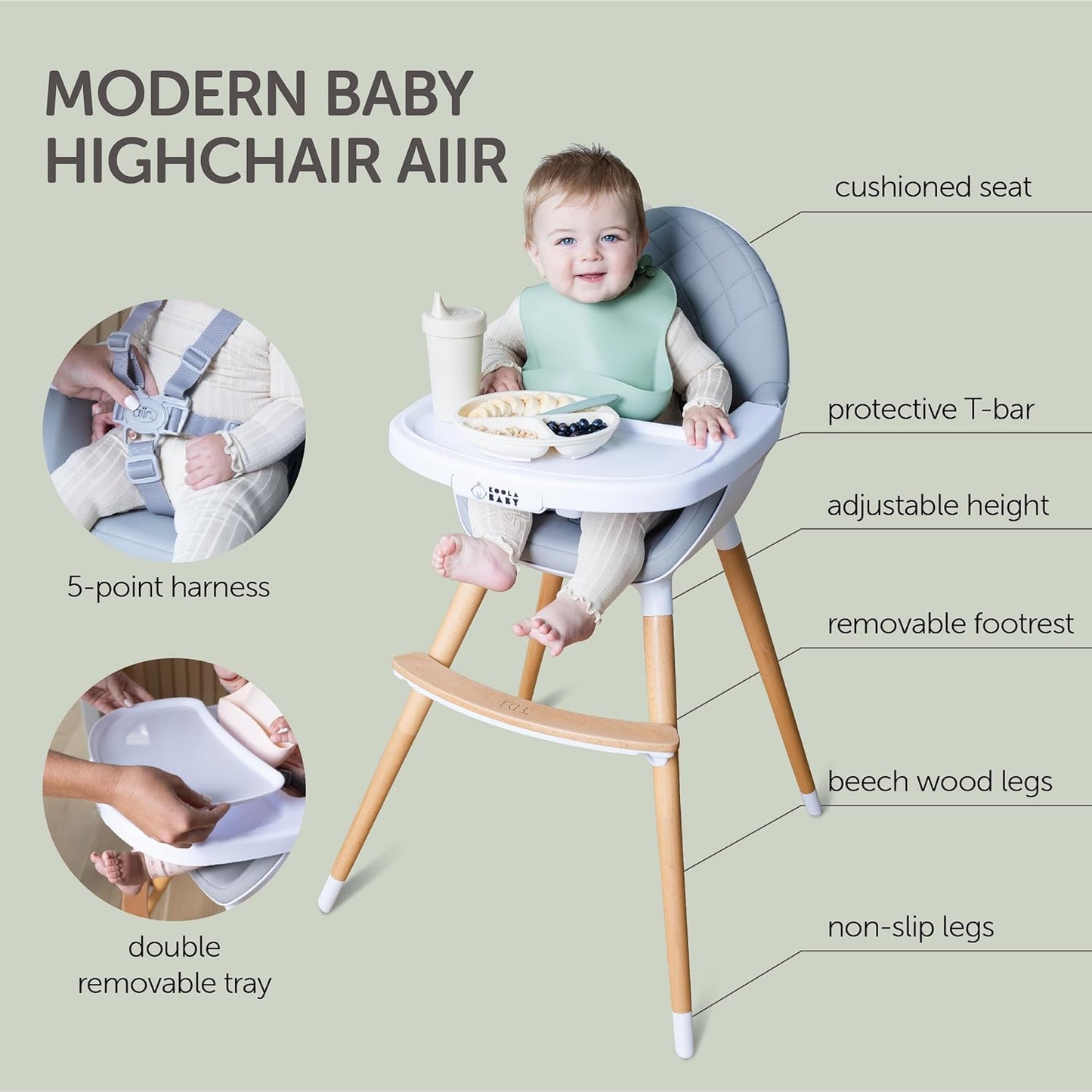 Convertible High Chair for Babies, Toddlers, Kids & Children - Wooden Highchair with Adjustable Height & Dishwasher Safe Tray - Wood Feeding & Dining Chair - Converts to Booster Seat - KoolaBaby