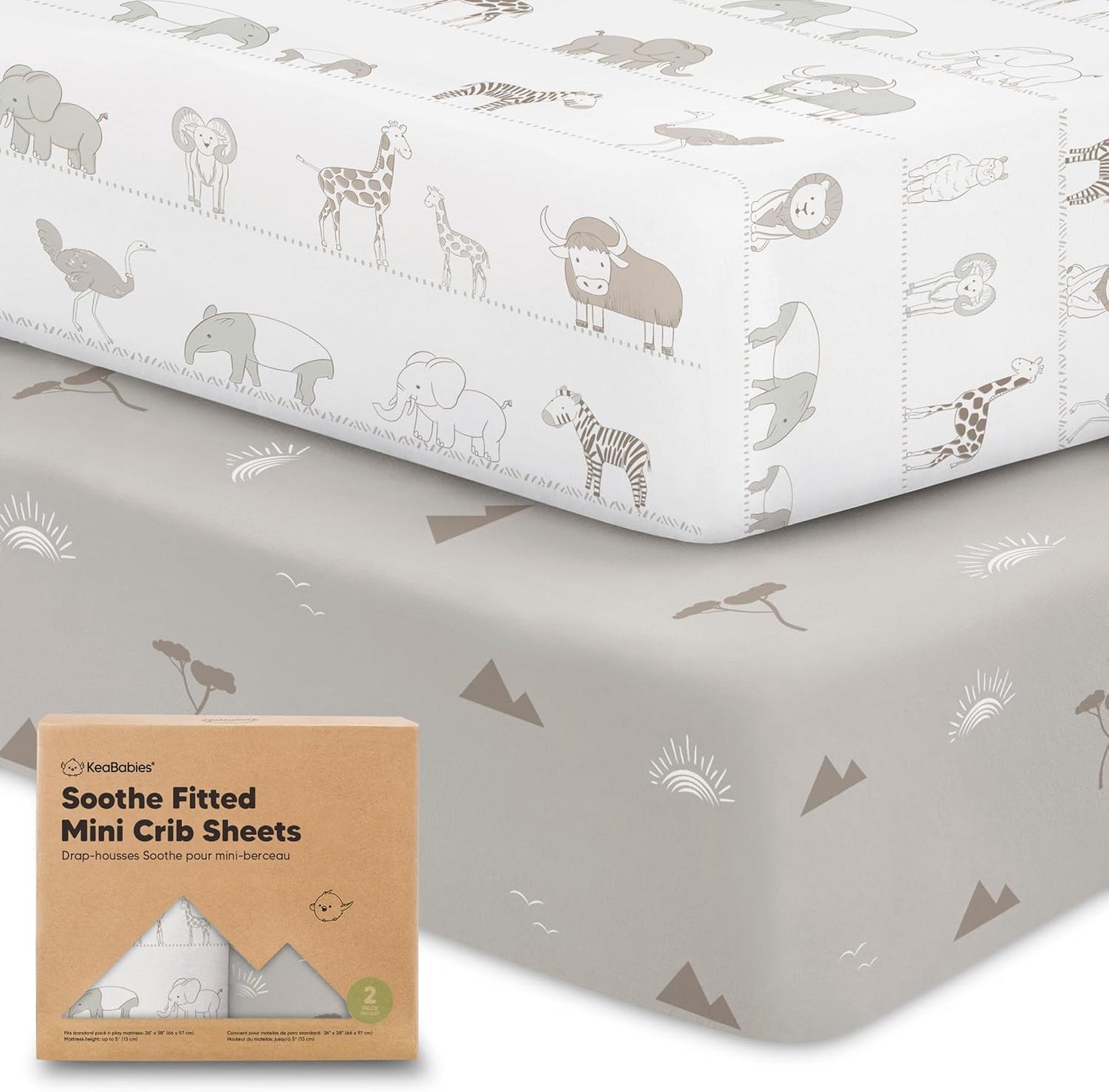 2-Pack Mini Crib Sheets Fitted - 38x26 Pack N Play Sheets for Pack and Play Mattress, Organic Cotton, Soft & Breathable Playard Bedding, Neutral Mini Toddler Bed Cover for Boys, Girls (Savannah)