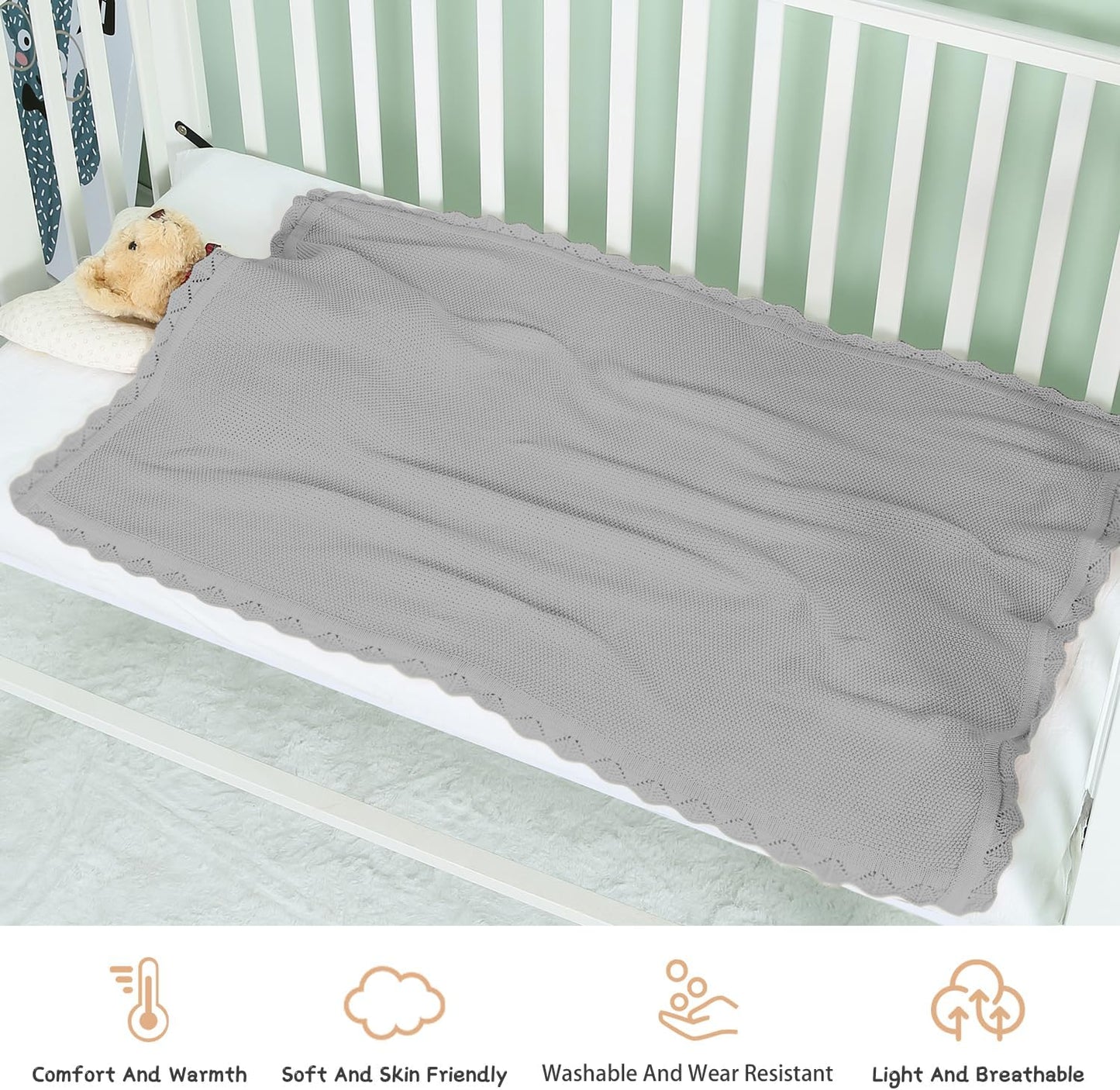Cotton Baby Blankets 100% Knit Soft Warm Lace Toddler Newborn Nursery Receiving Blankets,30 X 40 Inches, Light Gray