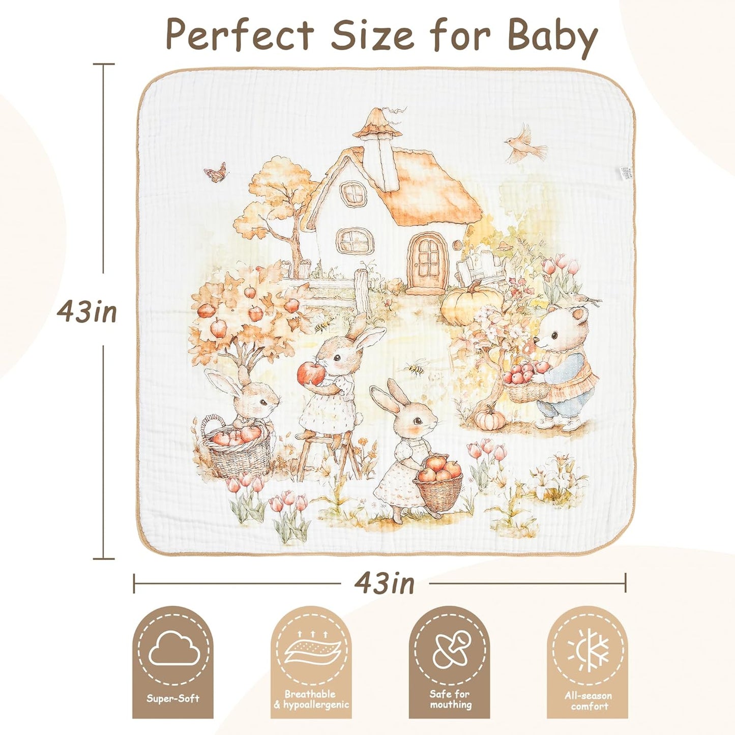 Luxury Muslin Baby Blanket, Cozy Swaddle, 6-Layer Cotton Receiving Blanket for Newborn Infant, 43x43 Inch Lightweight Breathable Crib Blanket, Nursery Stroller Toddler Quilt, Rabbits