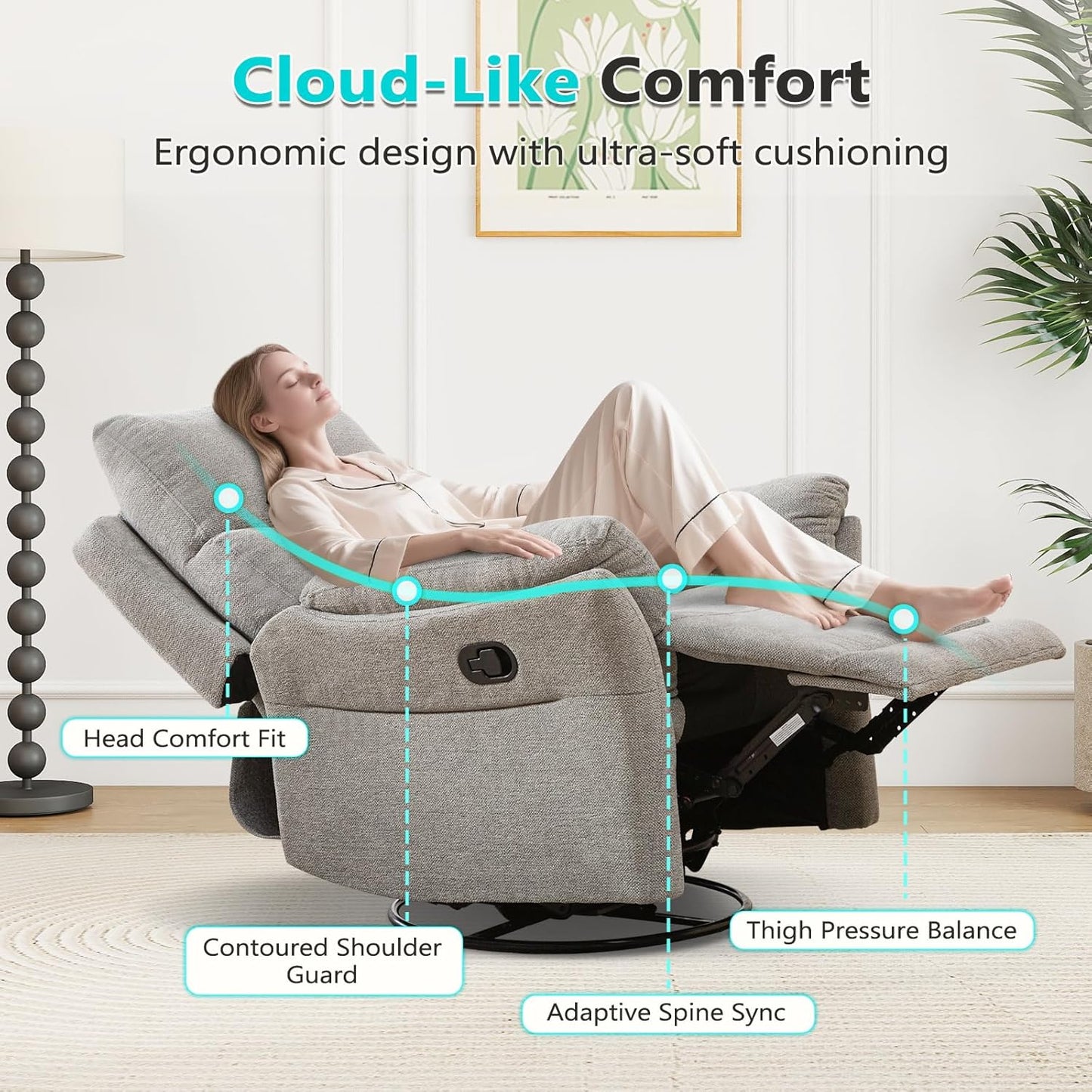 ANJ Manual Fabric Recliner Chair Set of 2, Swivel Rocker Glider, Silver