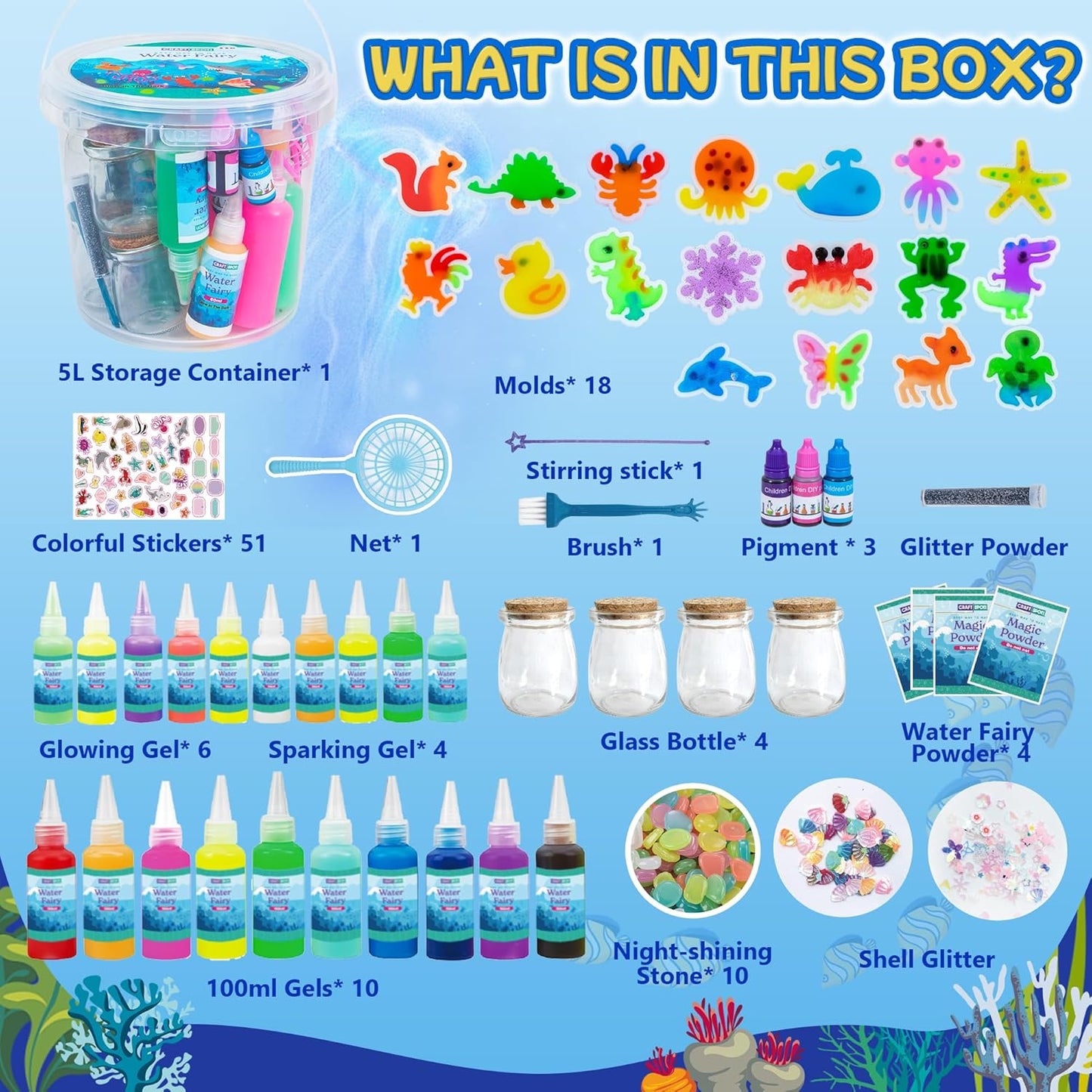 116PCS Magic Glow-in-The-Dark Gel Water Fairy Toy, Aqua DIY Elf Set with 18 Shape Molds, 100ml Gels, Water Squishy Kit, Make 150+ Water Animals,Christmas Birthday Gift, Arts Crafts STEM Kit for Kid