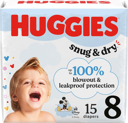 Huggies Size 8 Diapers, Snug & Dry Baby Diapers, Size 8 (46+ lbs), 15 Count, Packaging May Vary