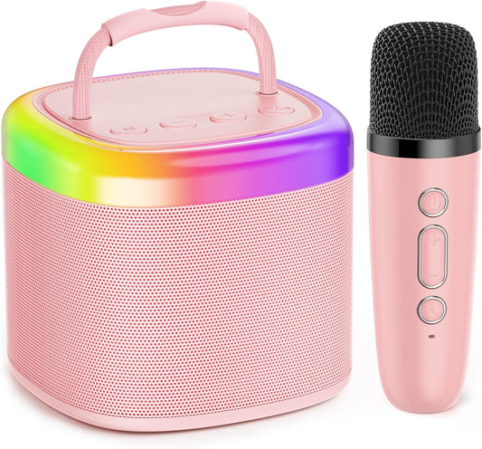 JYX Mini Karaoke Machine for Kids, Portable Bluetooth Karaoke Speaker Unpowered Cabinets with 1 Wireless Microphones and Party Lights for Adults, Birthday Gifts for Girls Boys Family Home Party(Pink)