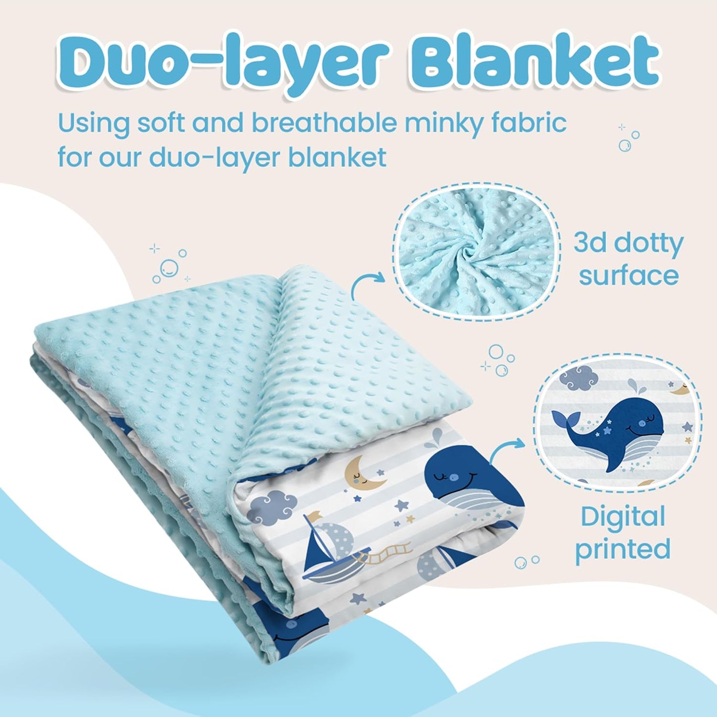 Whale Kid Blanket for Boys or Girl 30x40 - Soft Kids Throw Minky Blankets with Dotted Backing - Nursery Crib Blanket