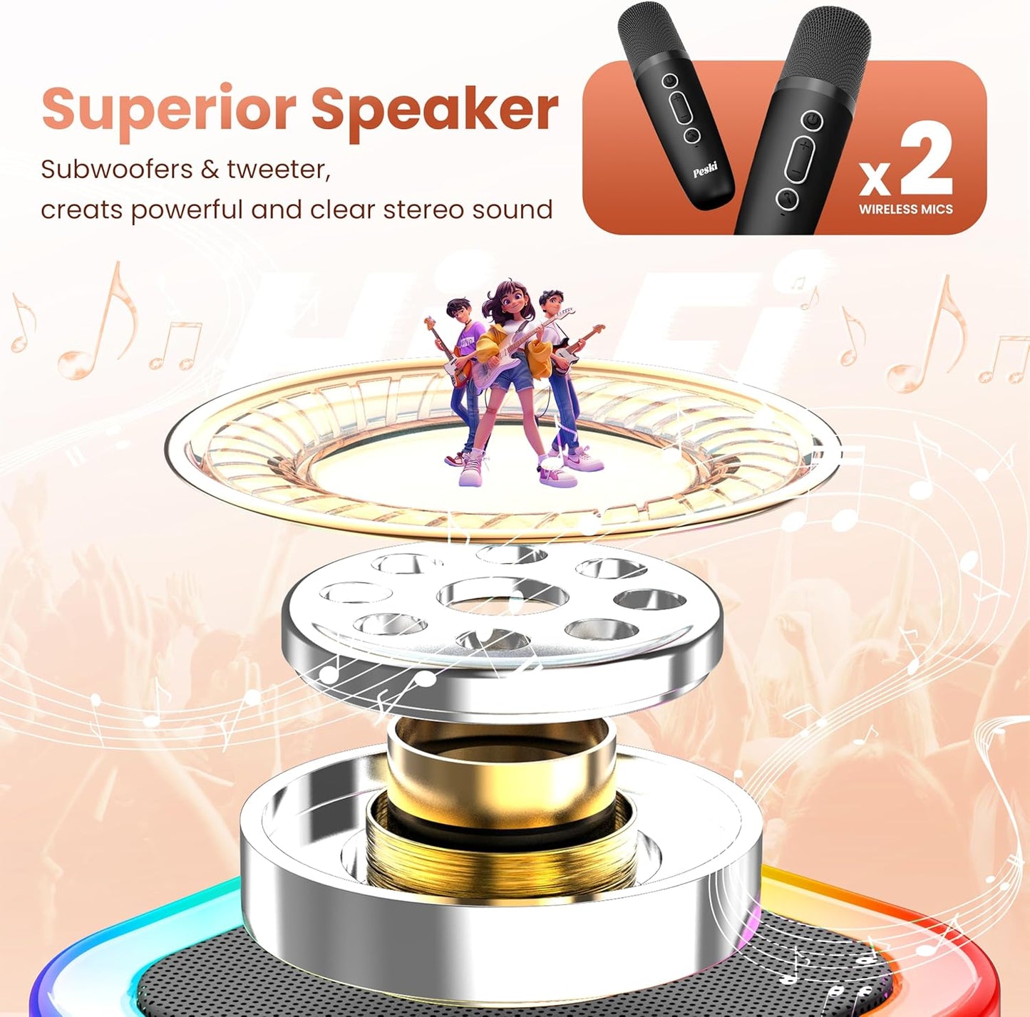 Karaoke Machine for Kids Adults, Portable Bluetooth Mini Karaoke Microphone Singing Speaker with 2 Wireless Mic and Light, for All Smartphones,Birthday, Family,Home Party (Black)