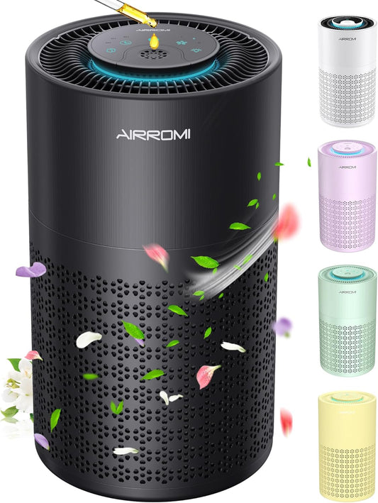 AIRROMI Air Purifier for Bedroom with HEPA 3-in-1 Filter, Pet Air Purifier for Home Cat Pee Smell, Covers Upto 990 Ft², Quiet 360°intake Air Cleaner for pet hair,allergies,Dust,Smoke A2001 Black