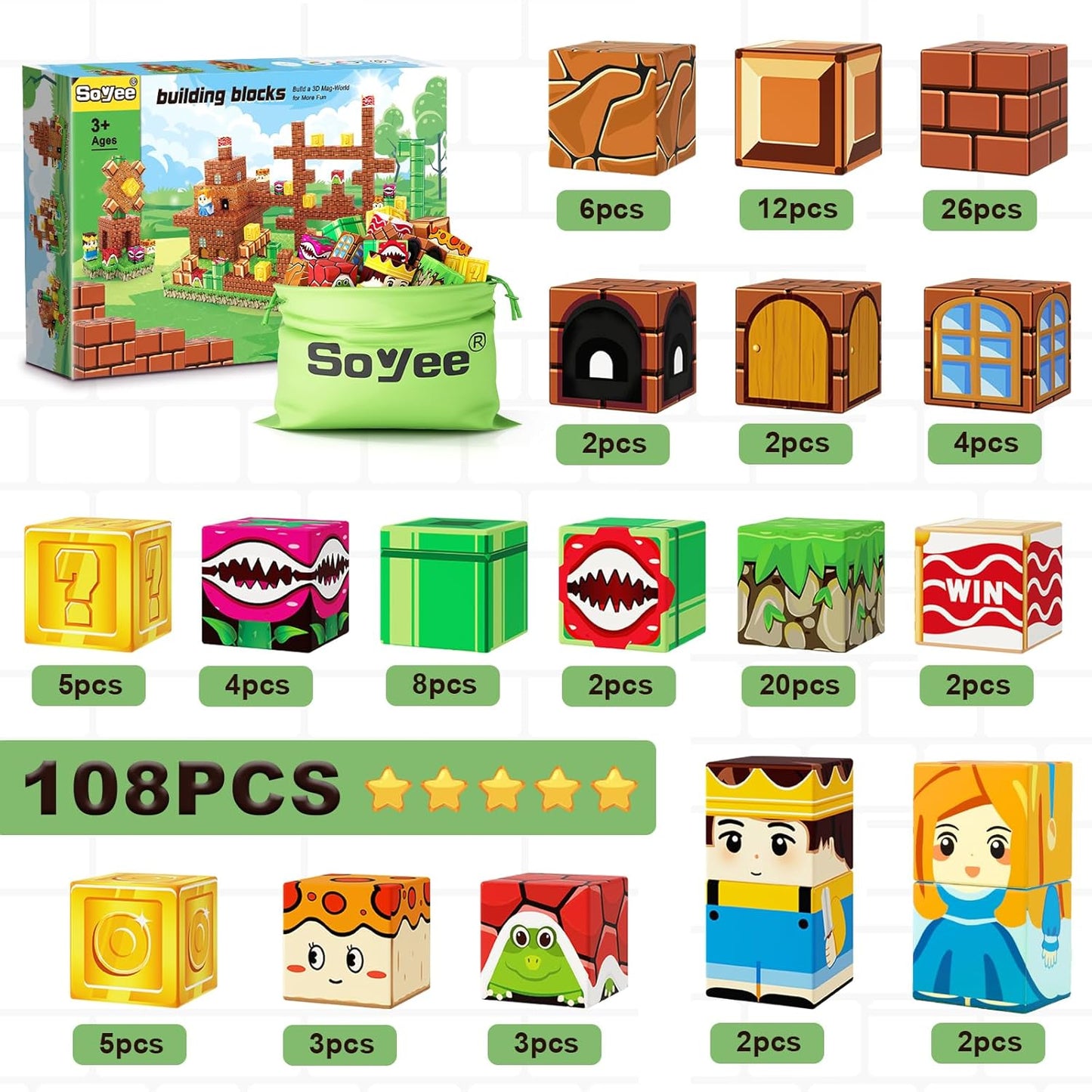 108PCS Magnetic Blocks Building Toys - 1'' Magnet Building Blocks Build Mine Magnet World Game Adventure Set Cubes Boys Girls Toys Ages 3-5 4-6 5-7 6-8 Kids Gifts for 3-12 Years Old School Supplies