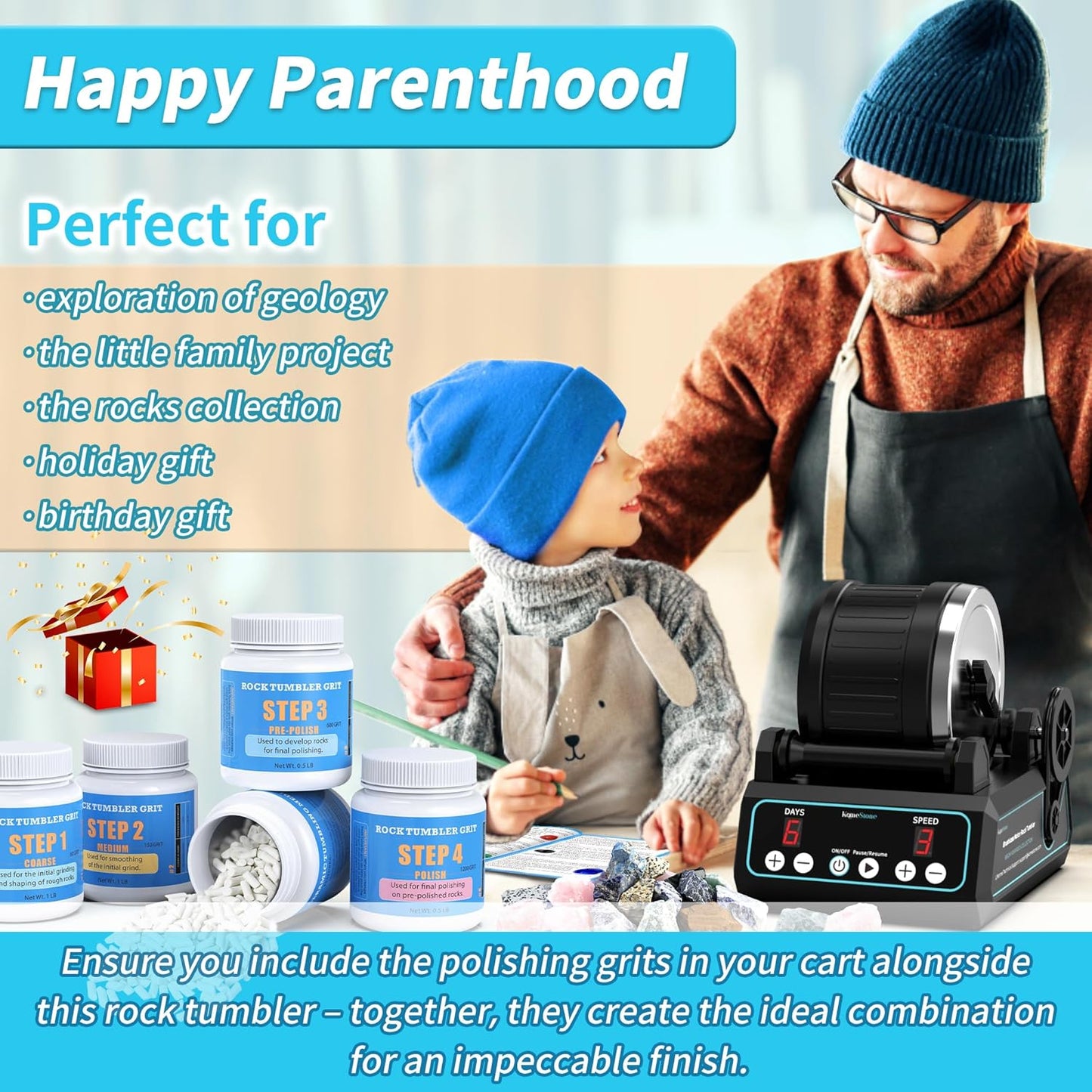 K1 Pro Professional Cutting-Edge Brushless Motor Advanced Rock Tumbler Polisher Kit, Extra Large 2.5Lb Barrel with 3-Speed Motor 9-Day Timer, Belts, Rough Gemstones, 4 Polishing Grits etc.