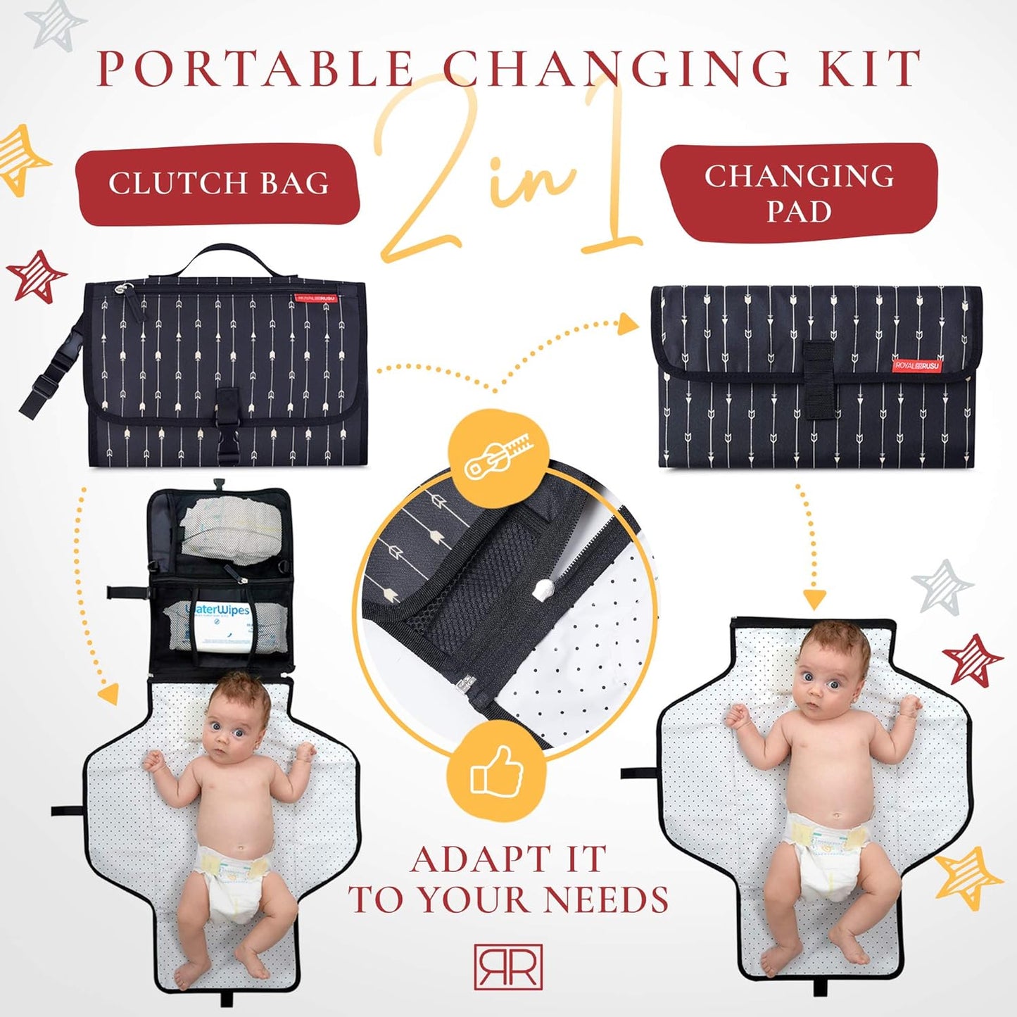 Portable Diaper Changing Pad Waterproof – B0NUS Insulated Baby Bottle Bag, 2-in-1 Diaper Clutch and Changing Mat, Wipe Clean Portable Changing Pad with Built-in Head Cushion (Black)