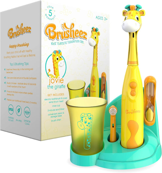 Brusheez Kids’ Electric Toothbrush Set - Safe & Effective for Ages 3+ - Parent Tested & Approved with Gentle Bristles, 2 Brush Heads, Rinse Cup, 2-Minute Timer, & Storage Base (Jovie The Giraffe)