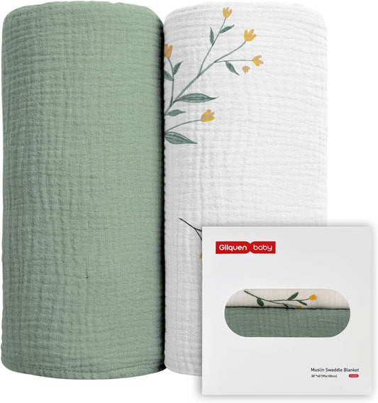 GLLQUEN BABY 2-Pack Muslin Swaddle Blankets for Unisex, Baby Swaddle Blanket for Boys and Girls, Soft Breathable Receiving Blankets Neutral, Newborn Essentials, Registry & Gift, 40 x 38 inches