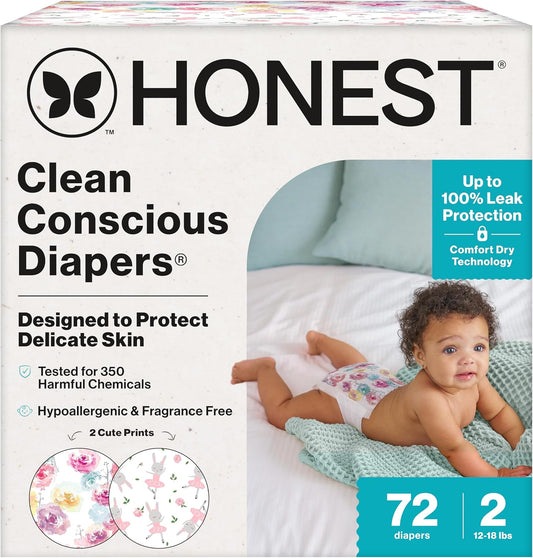 The Honest Company Clean Conscious Diapers for Delicate Skin | Up to 100% Leakproof | Hypoallergenic, Fragrance Free | Girl Prints | Club Box, Size 2 (12-18 lbs), 72 Count (Prints May Vary)