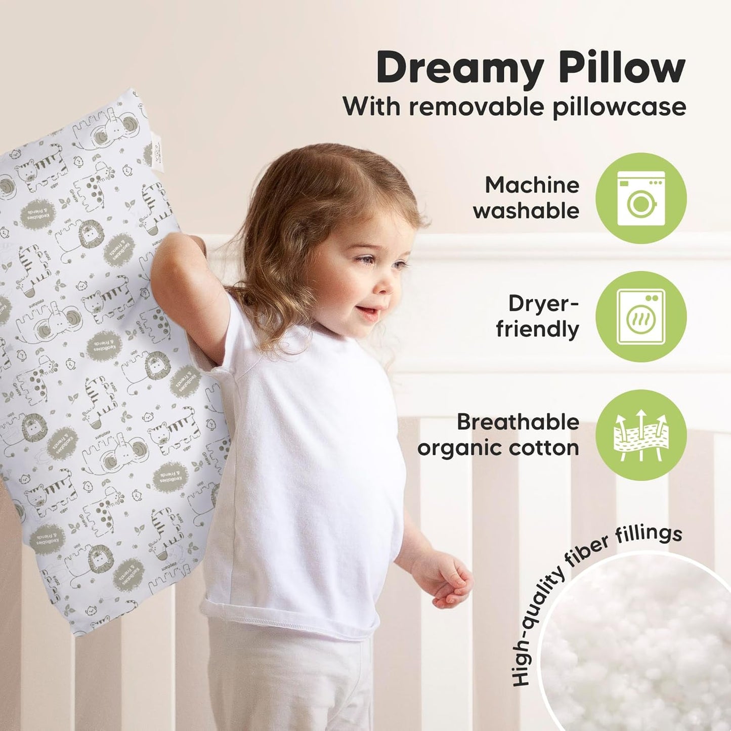 KeaBabies Toddler Pillow with Pillowcase, Jumbo 14X20 - Soft Organic Cotton Toddler Pillows for Sleeping - Machine Washable - Perfect for Travel, Toddler Bed Set (KeaSafari)