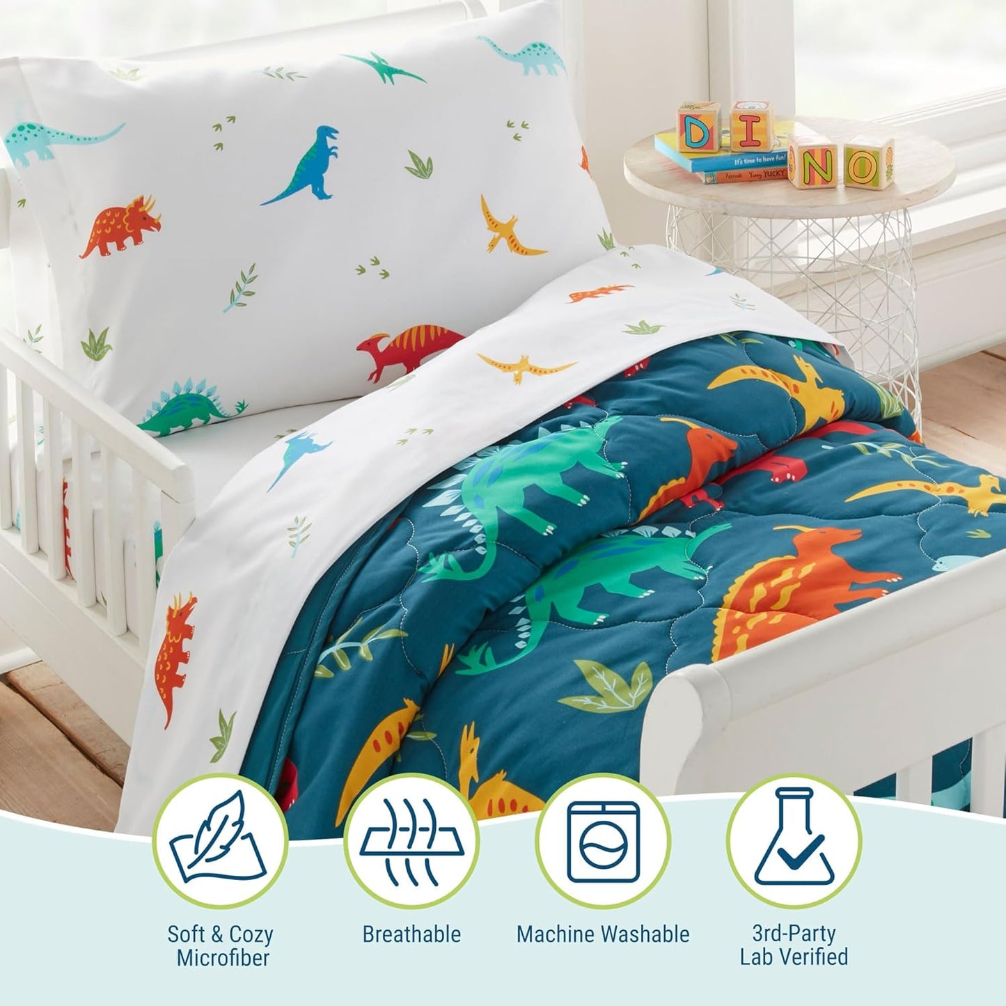 Wildkin Toddler Bed in a Bag – 4-Piece Microfiber Bedding Set with Comforter, Pillowcase & Sheets - Jurassic Dinosaurs