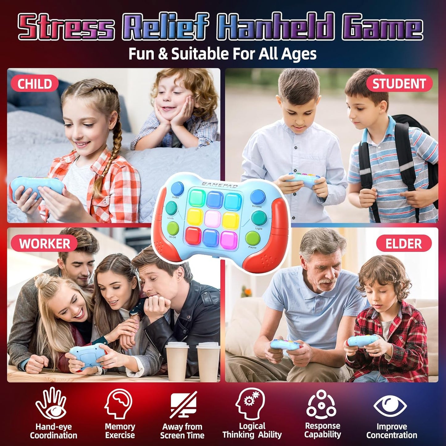 2024 New Fast Push Game Light Up Pop Fidget Toys,Its Electronic Handheld Game for Kids Teens Adults,Youth Quick Push Buttons Gamepad,Xmas Birthday Gifts Toys for Boys Girls,Ages 3 and Up (red)