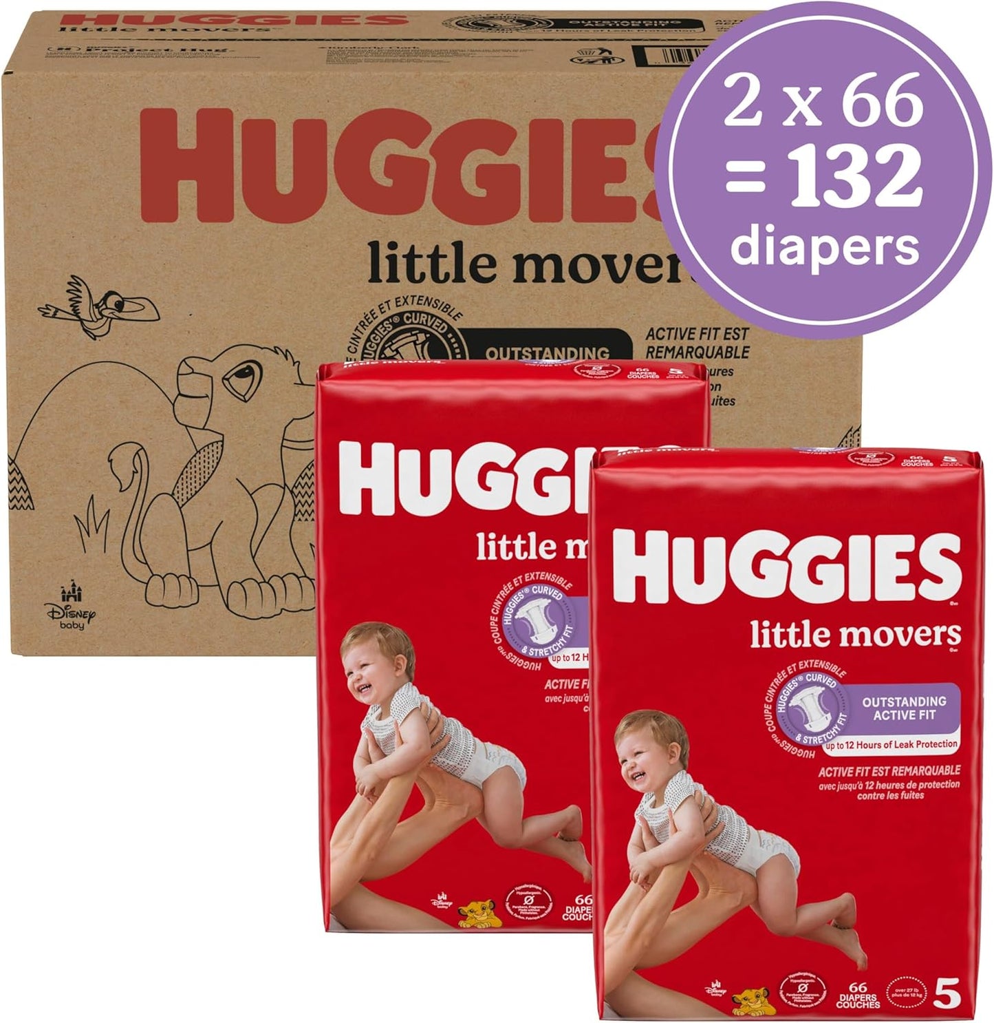 Huggies Size 5 Diapers, Little Movers Baby Diapers, Size 5 (27+ lbs), 132 Count (2 Packs of 66), Packaging May Vary