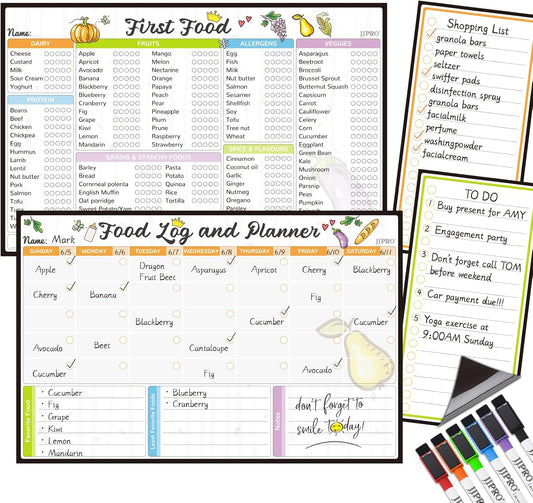 JJPRO Baby First Foods Tracker Fridge Magnet, Daily Food Log Meal Planner, 100 Foods Before 1 Checklist, Baby Daily Log Whiteboard, First Food Tracker for Refrigerator