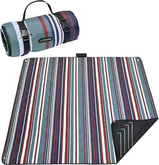 HX&OD Outdoor Picnic Blanket Extra Large, 80''*60'' Waterproof Picnic Mat with Stakes Foldable Camping Blanket Portable with Carry Strap for Beach Mat (Green& White, 80''*60'')