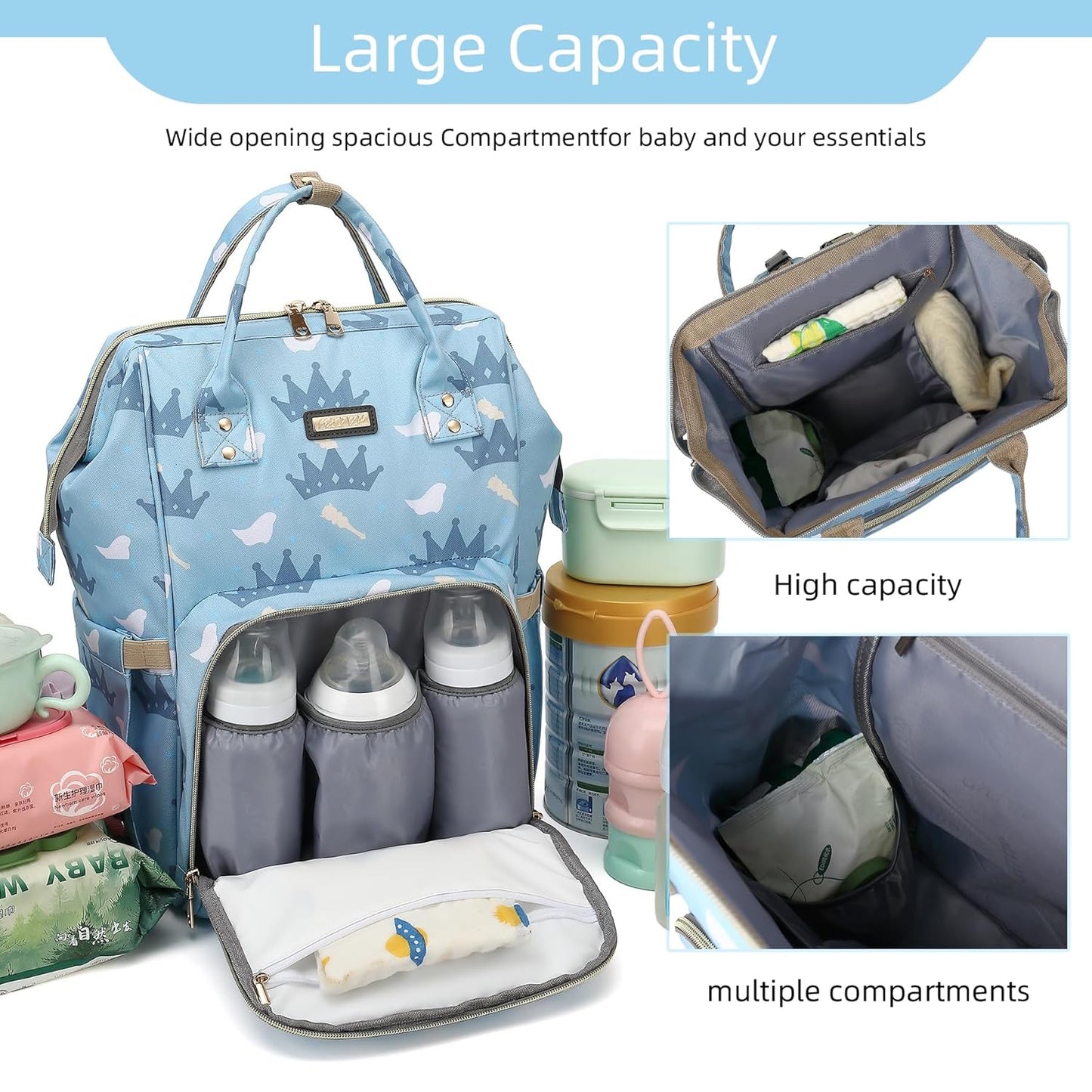 Diaper Bag Backpack, Diaper Bags for Baby Girls Boys, Baby Bags for Moms Dads, Nappy Changing Bag with Insulated Pockets,Multi-functional Waterproof Backpack with Stroller straps-Light blue crown