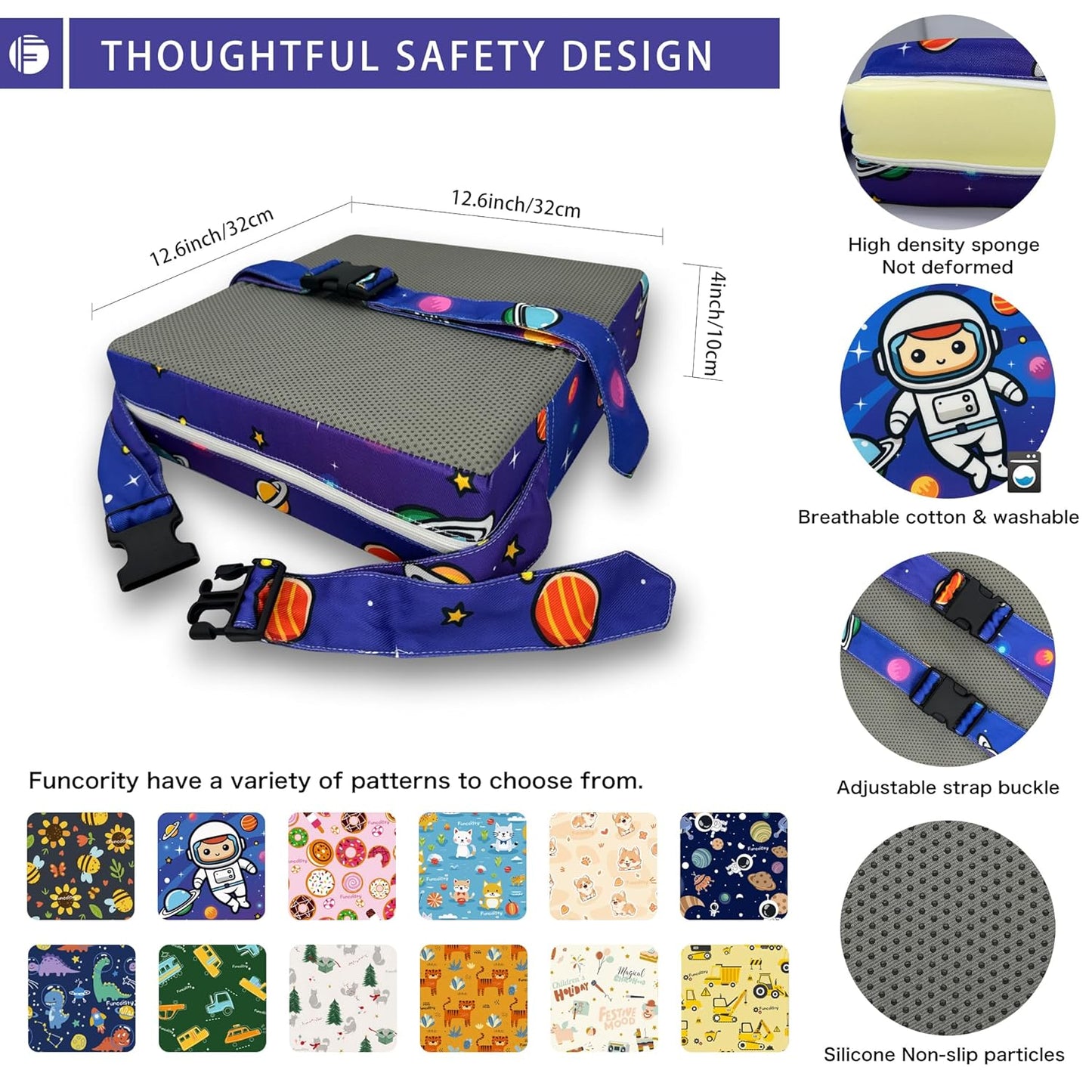 Toddler Booster Seat for Dining Table, Portable Booster Seat for Kitchen Chair, 4 Inch High-Density Foam Cushion with Adjustable Safety Straps and Non-Slip Bottom, Perfect for Kids Travel and Daily