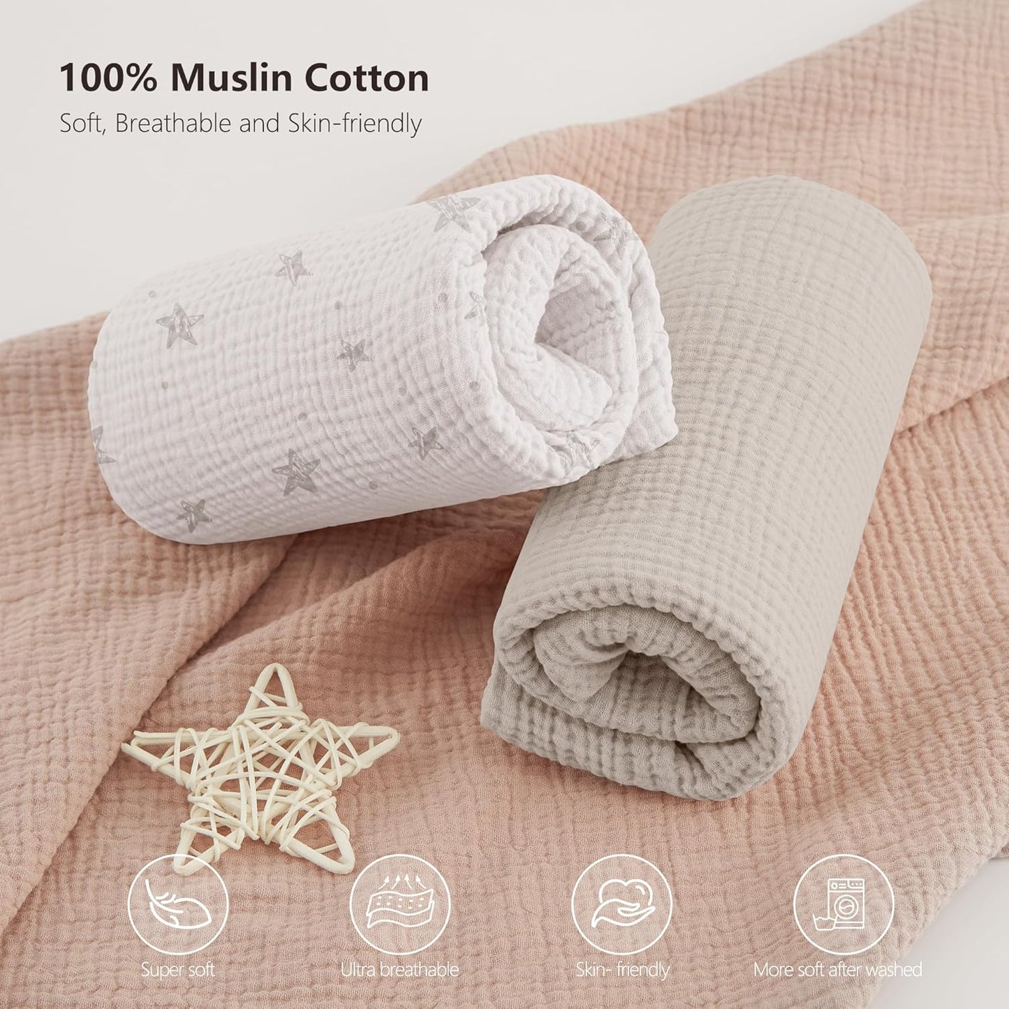 Bearmoss Muslin Mini Crib Sheets for Pack N Play Mattress - 100% Cotton - 38"x24" Soft Breathable Playard Baby Crib Sheets Neutral for Boys Girls - 2 Pack (White Star)